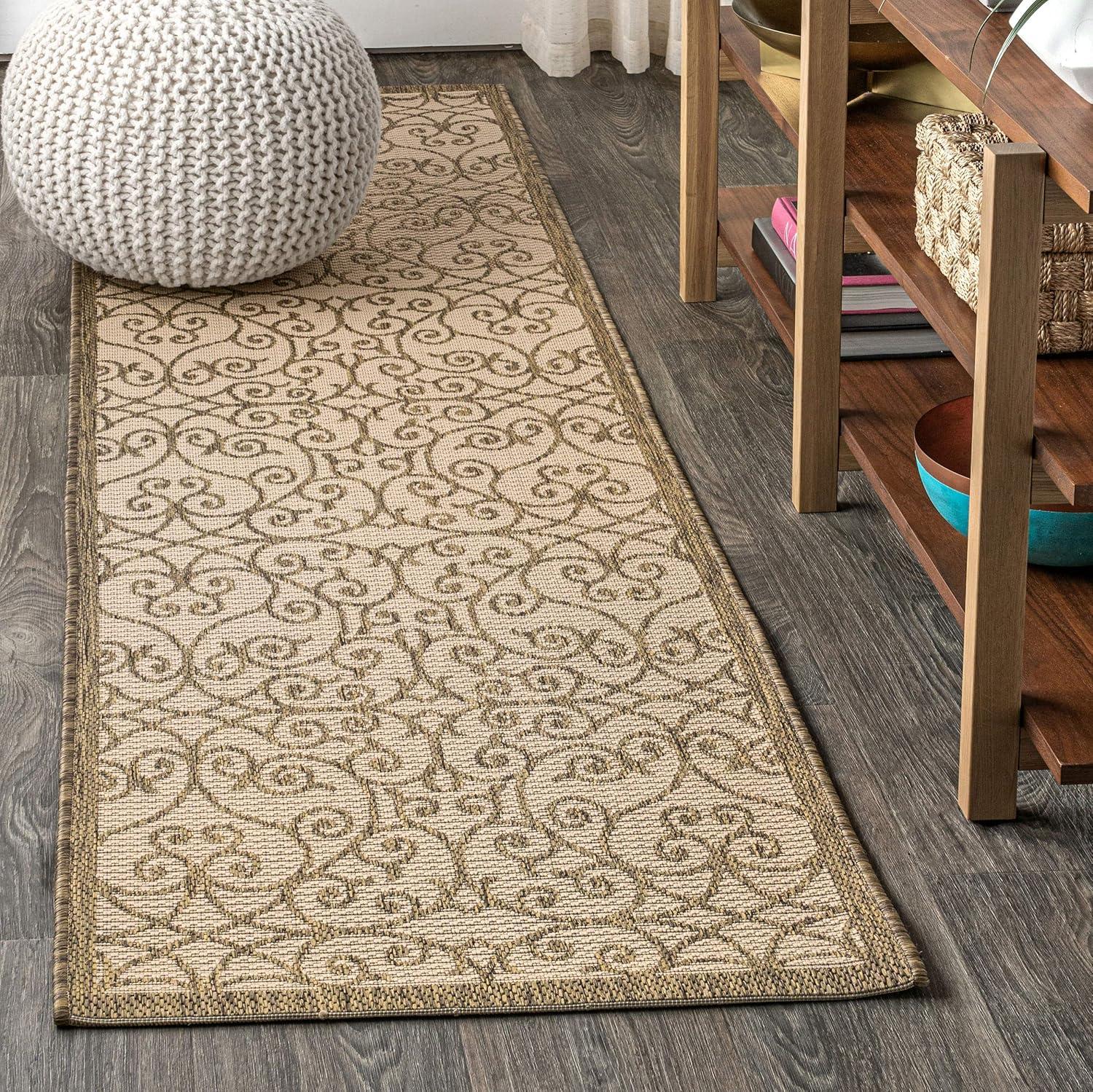 2'x8' Madrid Vintage Filigree Textured Weave Indoor/Outdoor Runner Rug, Beige/Brown - JONATHAN Y