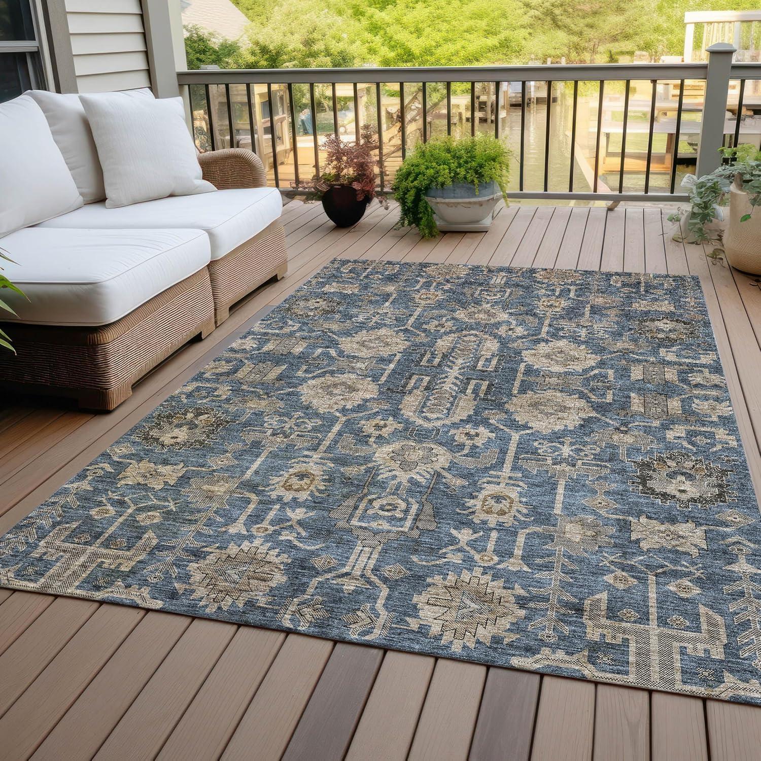 Navy and Beige Synthetic Flat Woven 8' x 10' Oriental Rug