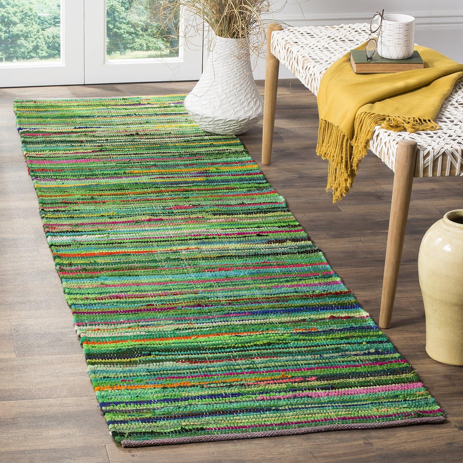 Green and Multicolor Handwoven Cotton Wool Stripe Runner Rug