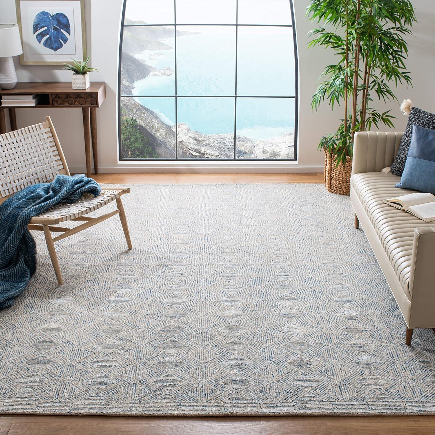 Blue and Ivory Handmade Wool 9' x 12' Geometric Area Rug