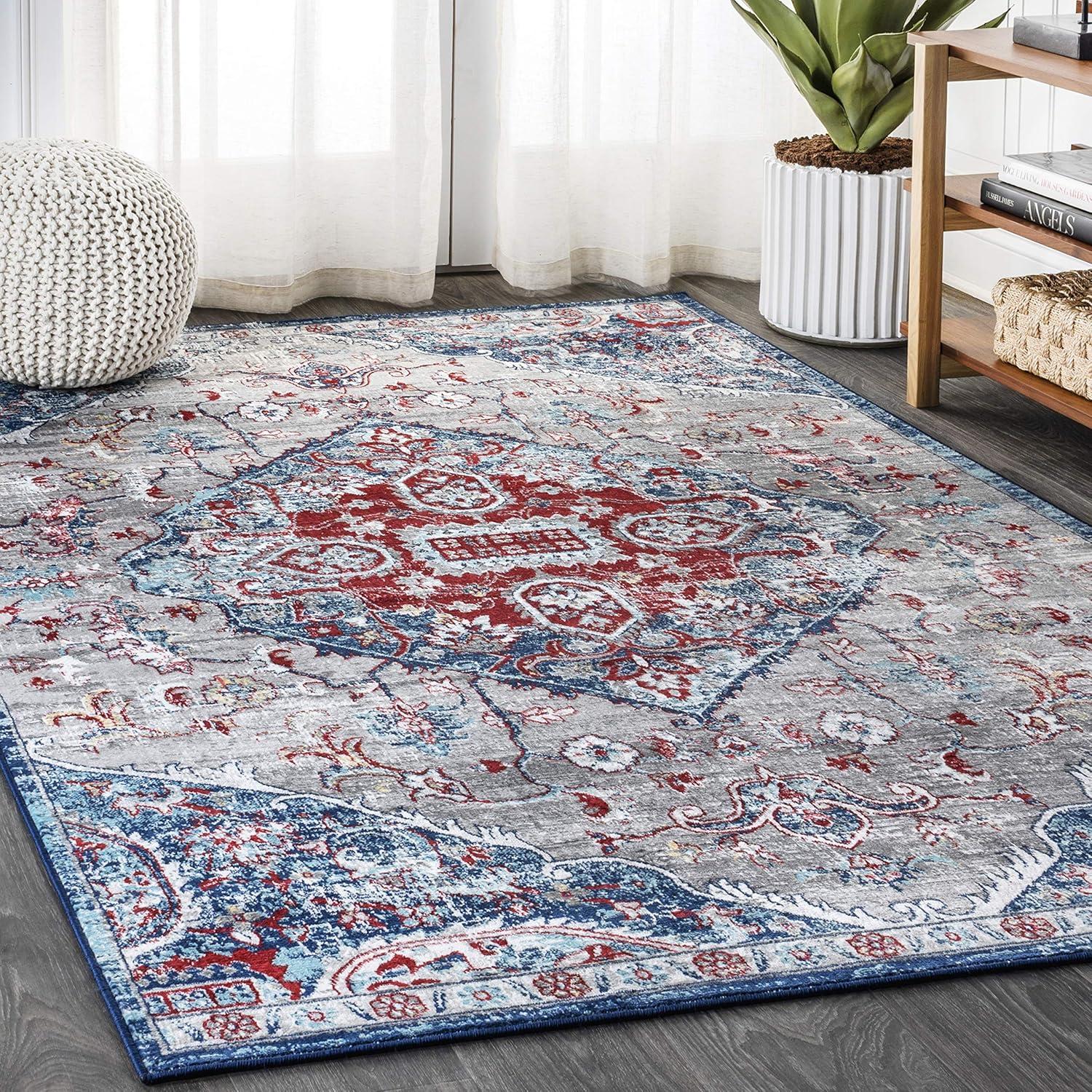3'x5' Modern Persian Vintage Medallion Area Rug, Red/Navy - JONATHAN Y