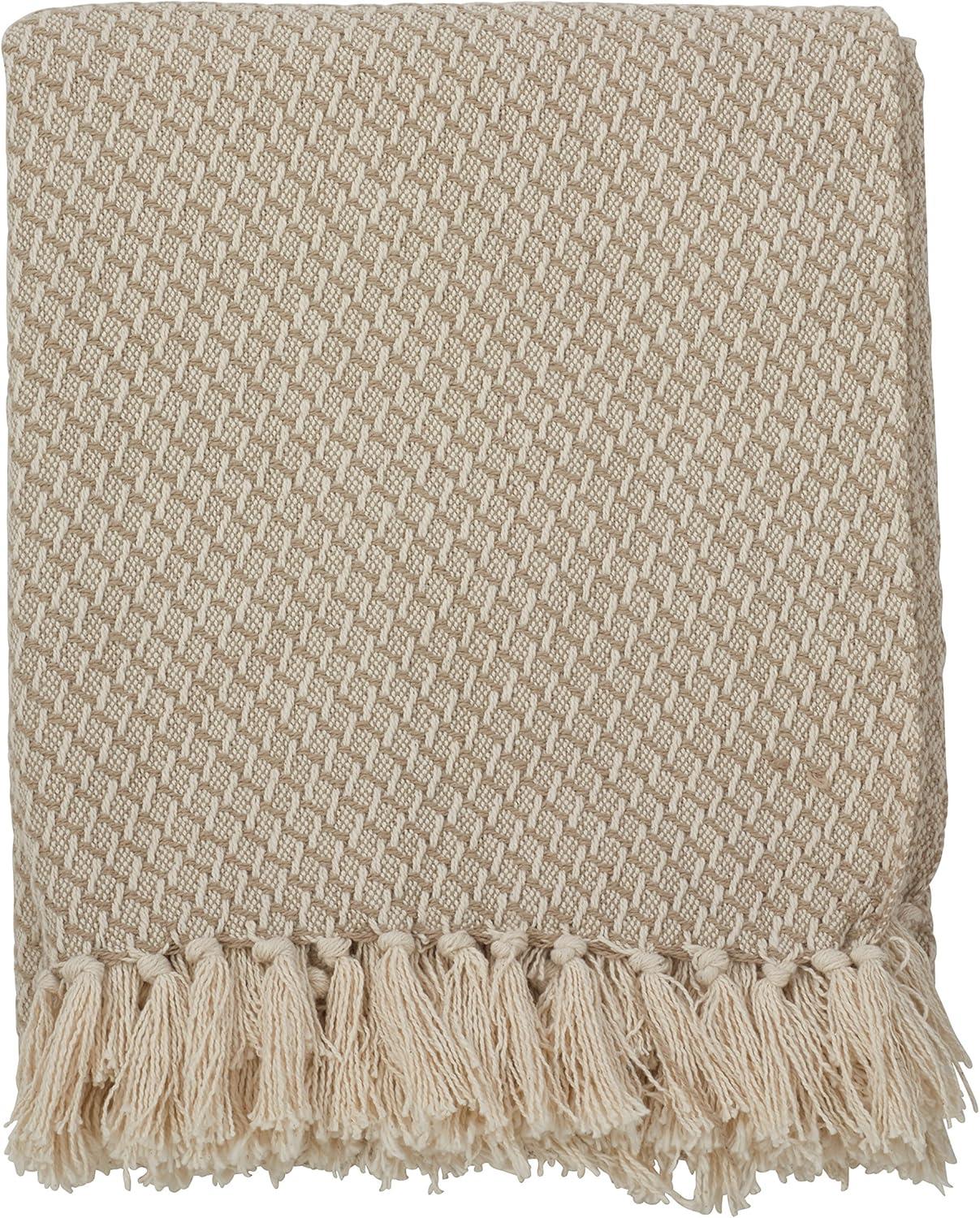 50"x60" Classic Tassel Trim Throw Blanket Beige - Saro Lifestyle: Cotton, Mid-Century Modern, Machine Washable