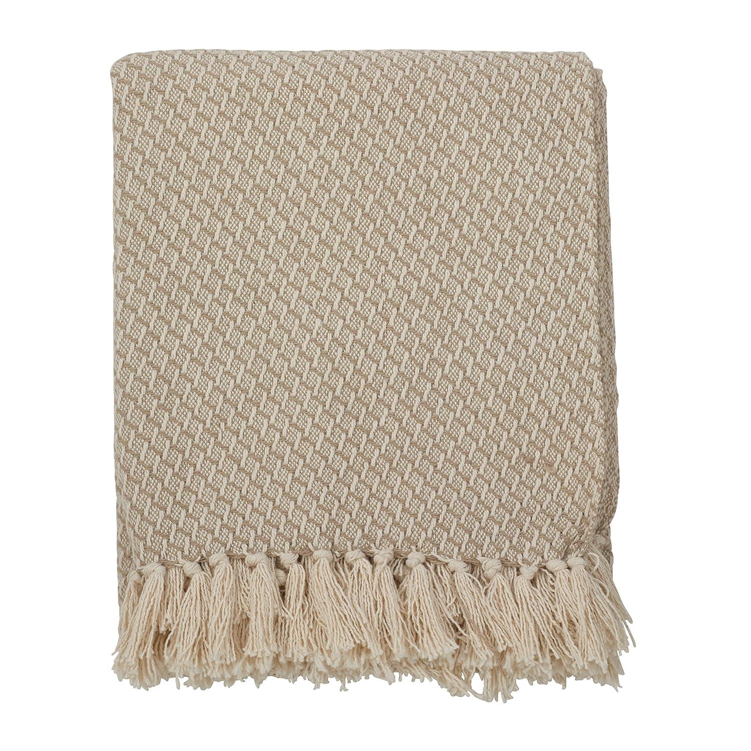 50"x60" Classic Tassel Trim Throw Blanket Beige - Saro Lifestyle: Cotton, Mid-Century Modern, Machine Washable