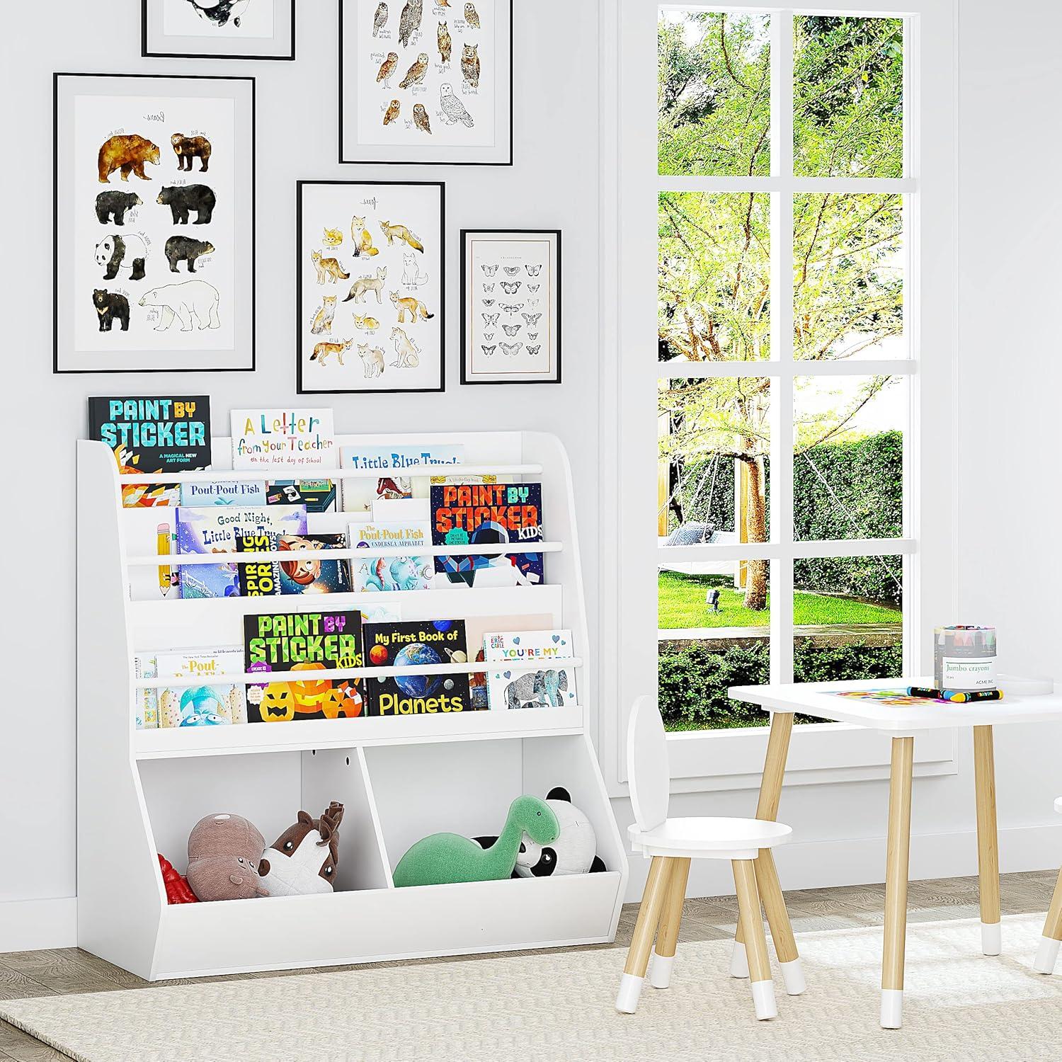 UTEX Kids Bookshelf Toy Organizer with Rolling Toy Box, White, 23.62” W x 11.8” D x 35.43” H