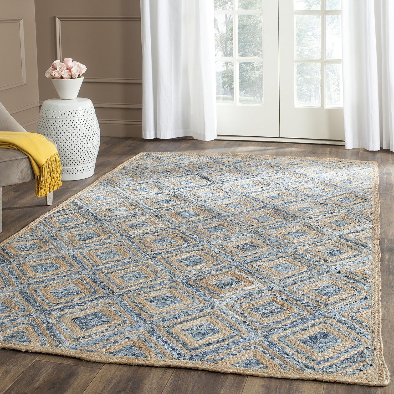 Natural and Blue Geometric Handmade Jute Area Rug