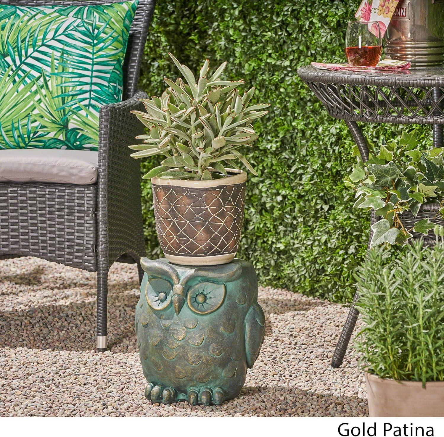 Agnes Owl Garden Stool, Lightweight Concrete, Gold Patina Finish,12.50 inch