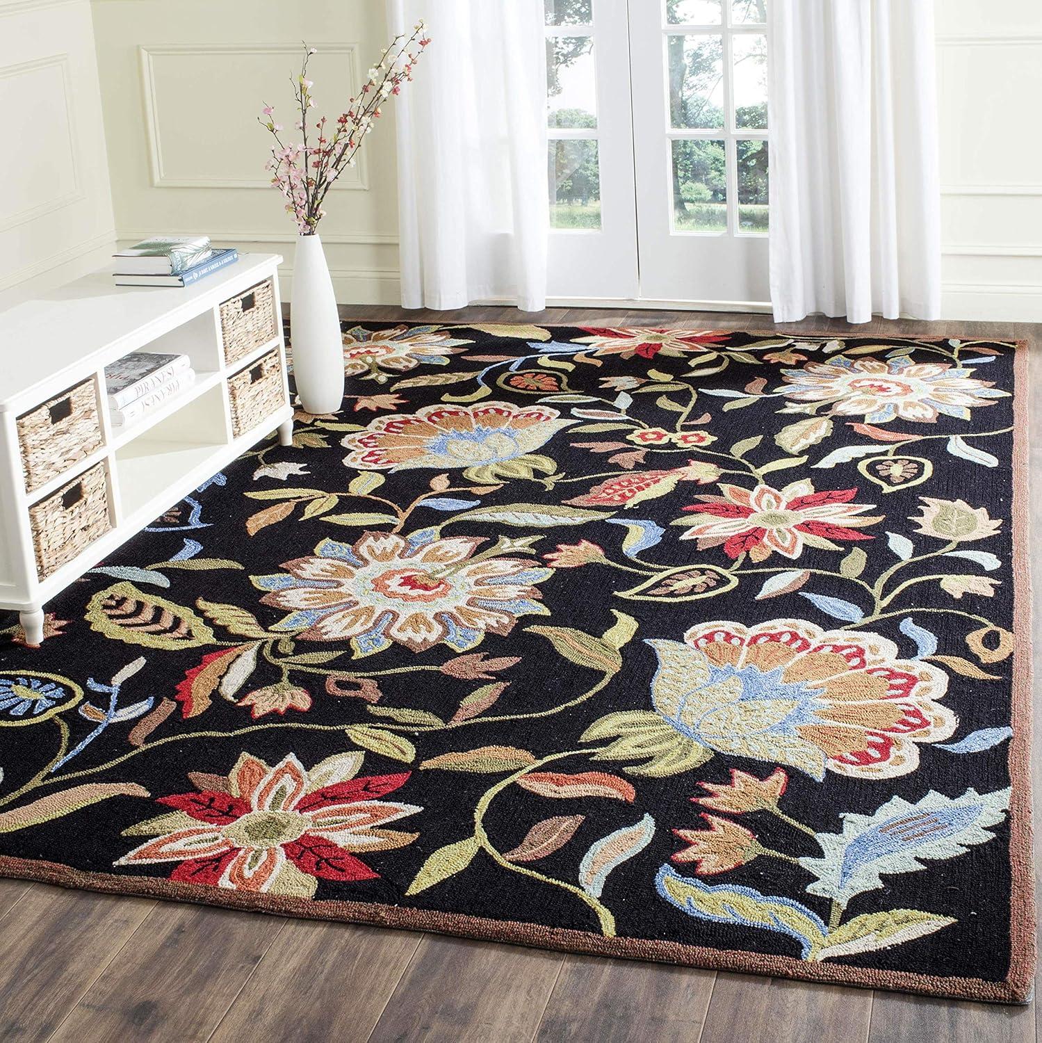 Handmade Black Floral Easy-Care Rectangular Area Rug