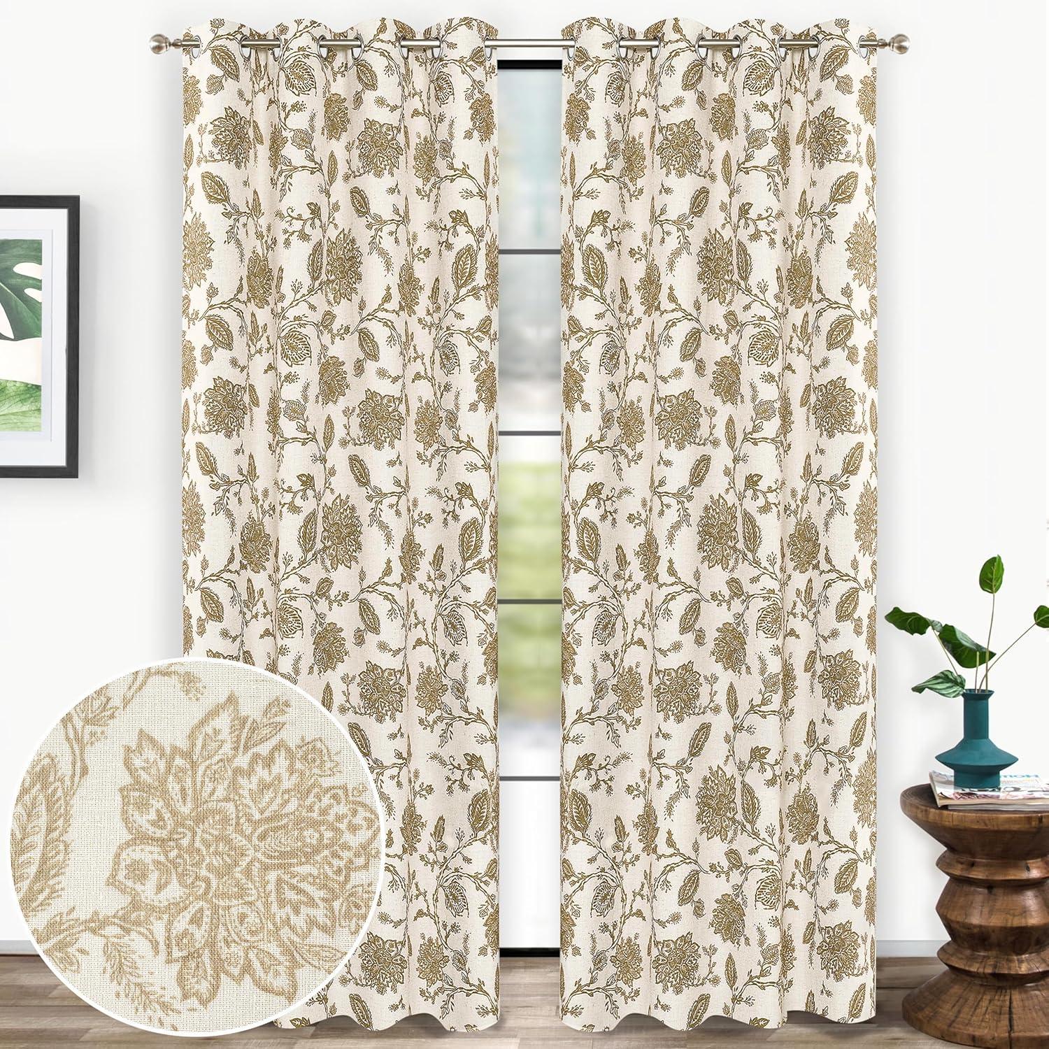 DriftAway Freda Jacobean Floral Linen Blend Lined Thermal Insulated Room Darkening Blackout Grommet Window Curtains 2 Layers 2 Panels Each 52 Inch by 63 Inch Taupe Beige