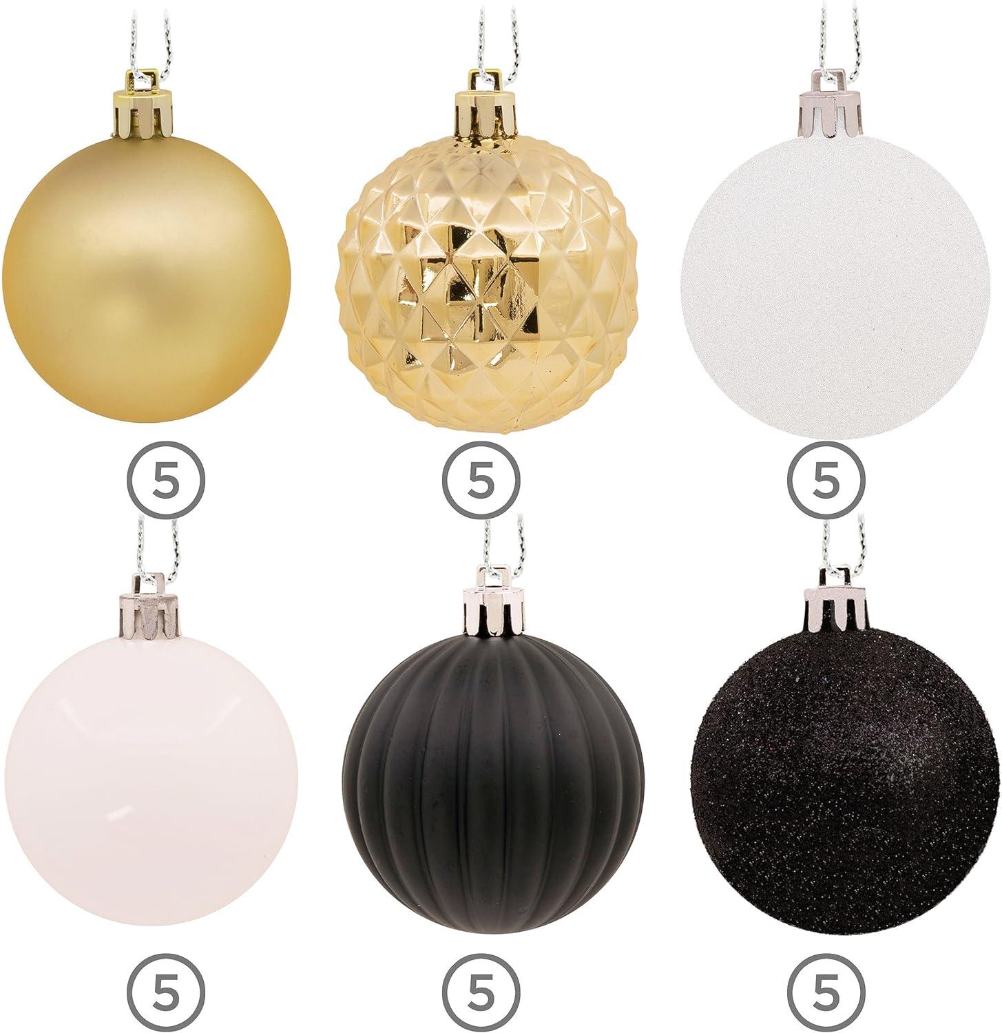 Modern Black, Gold, White Shatterproof Plastic Ornament Set, 30-Piece