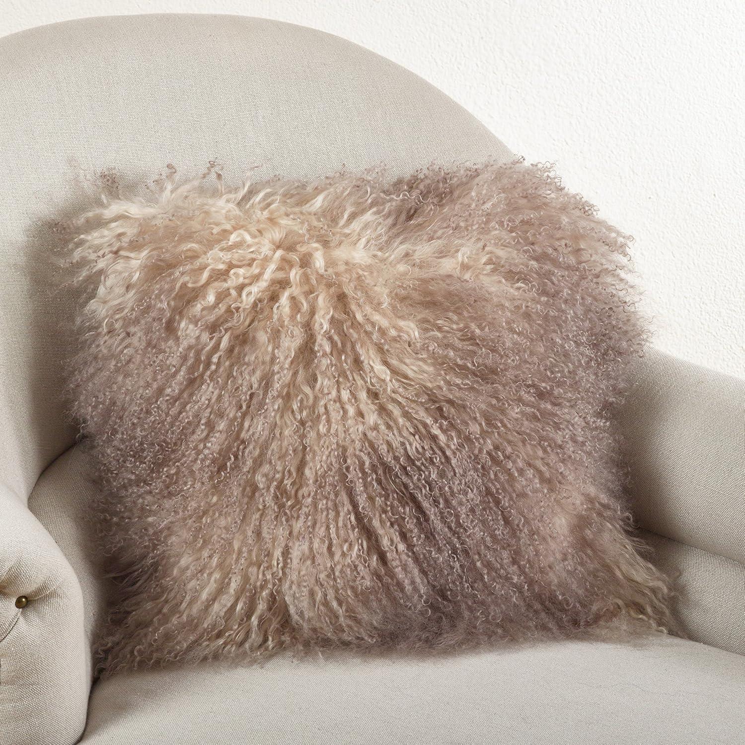 Oyster 20" Square Mongolian Lamb Fur Throw Pillow