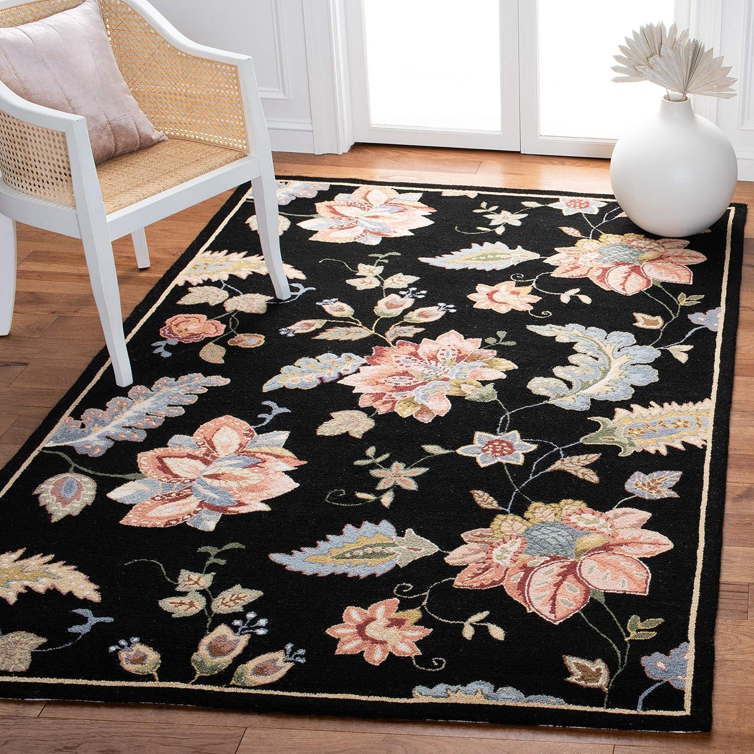 Elegant Chelsea Black Floral Hand-Knotted Wool Area Rug - 5'3" x 8'3"