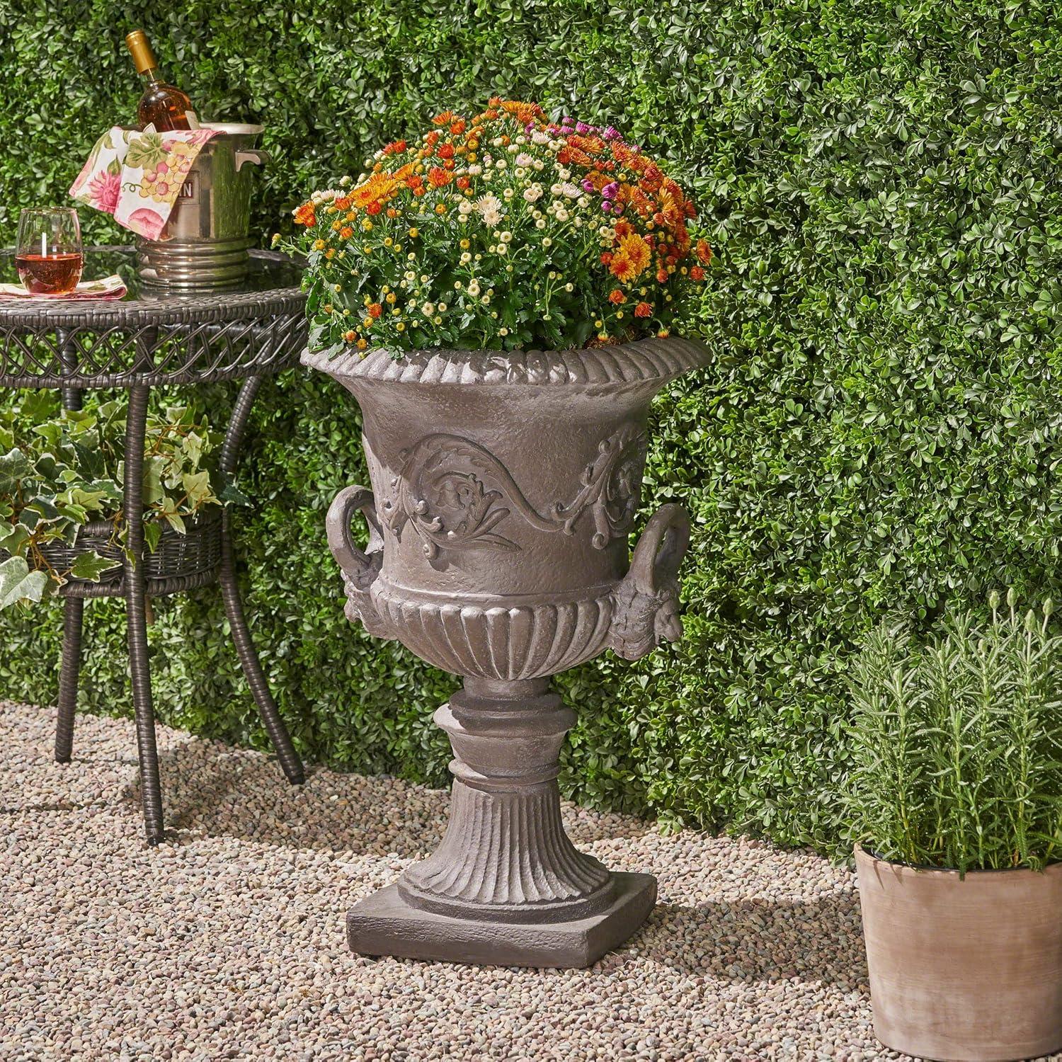 GDF Studio Tunlaw Outdoor Traditional Roman Chalice Stone Garden Urn Planter, Antique Gray