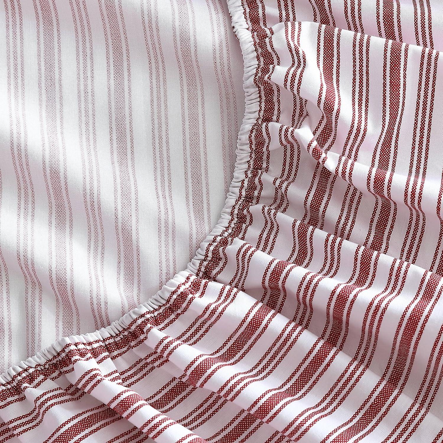 Queen Red Stripe Cotton Percale Fitted Sheet