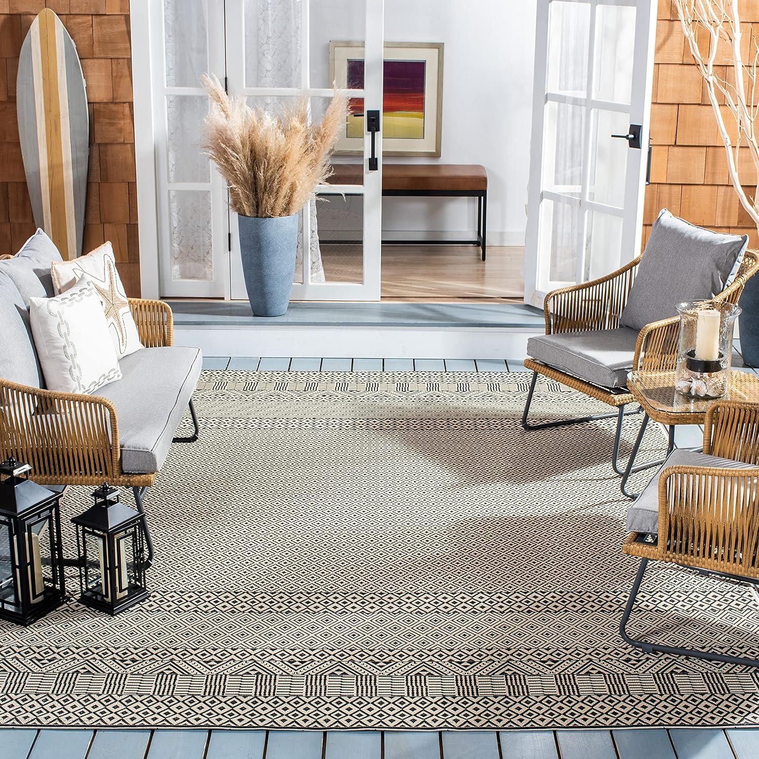 SAFAVIEH Courtyard Naomi Aztec Indoor/Outdoor Area Rug, 9' x 12', Beige/Black