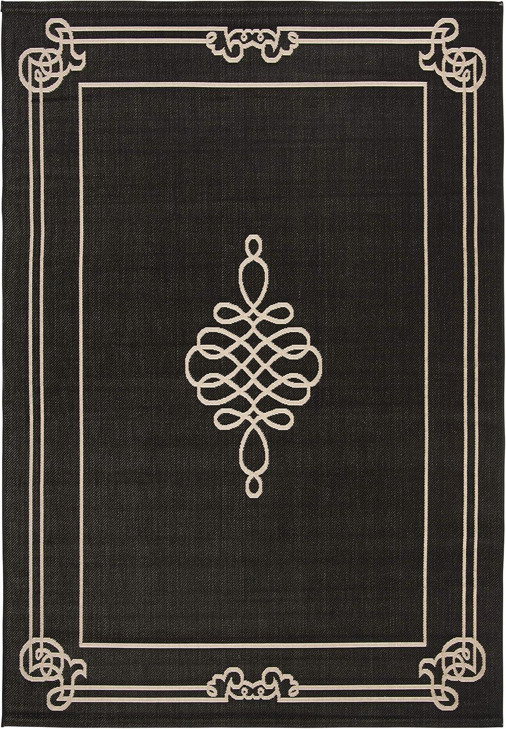 Black and Cream Rectangular Synthetic Indoor/Outdoor Rug