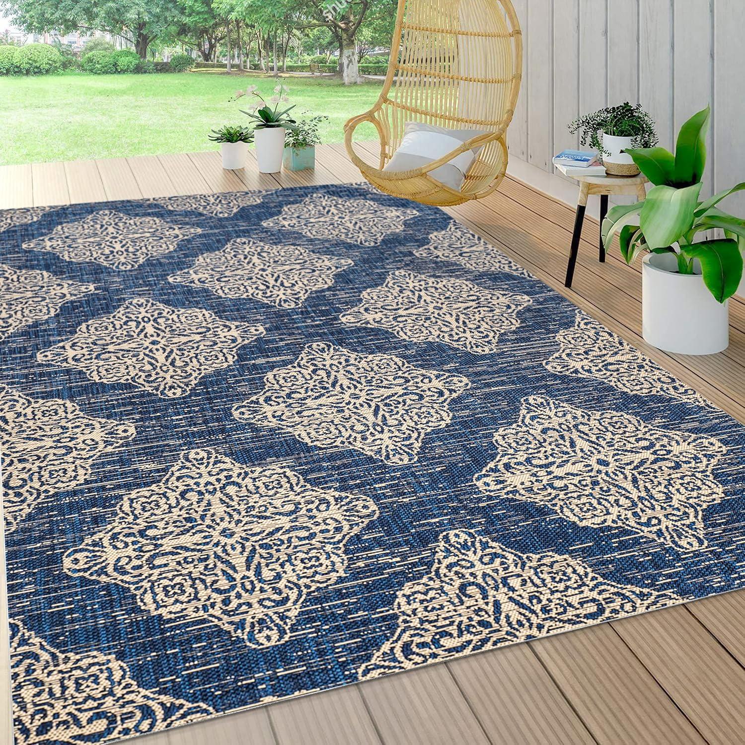 4'x6' Tuscany Ornate Medallions Indoor/Outdoor Area Rug, Navy/Beige - JONATHAN Y