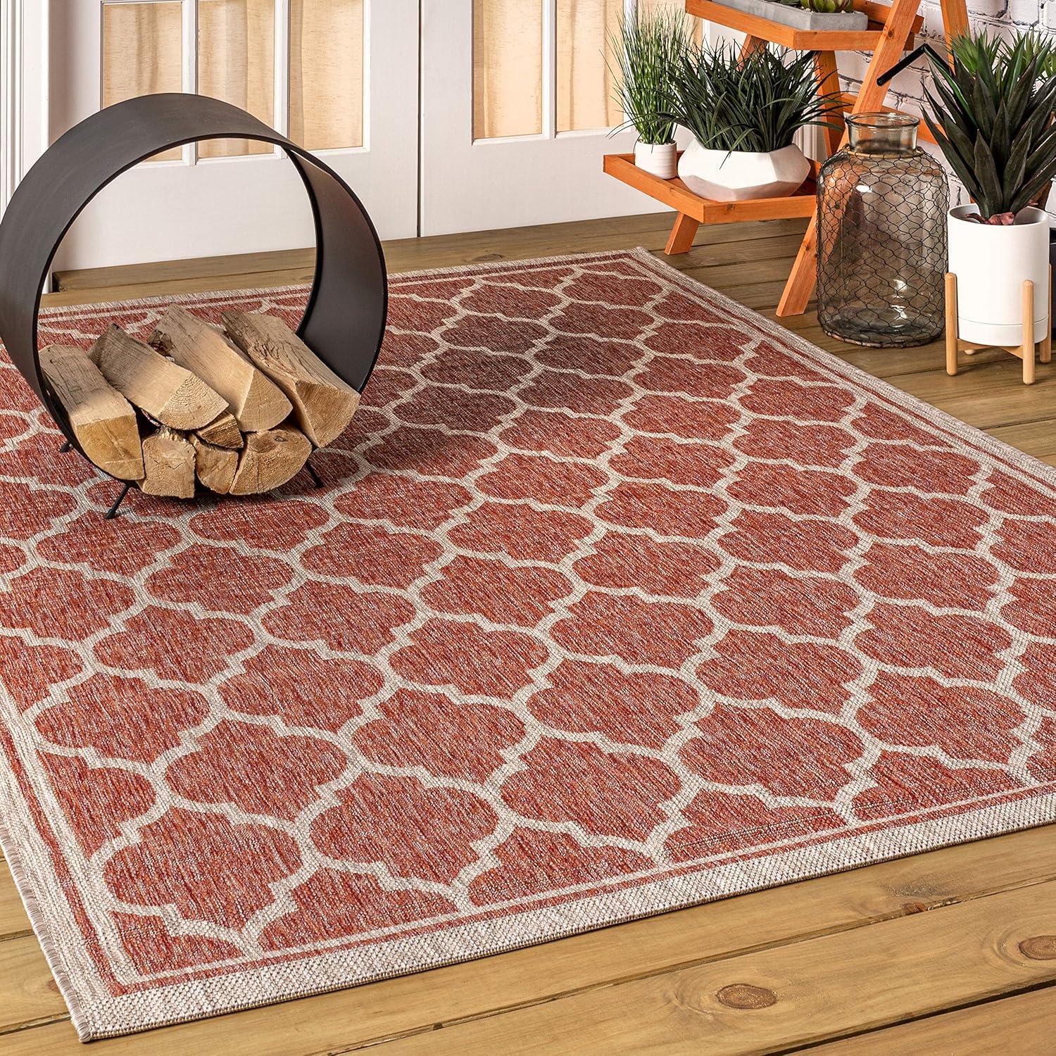 5'x8' Trebol Moroccan Trellis Textured Weave Indoor/Outdoor Area Rug, Red/Beige - JONATHAN Y