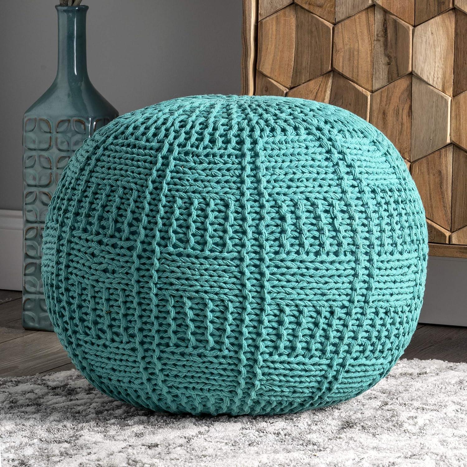 Teal Knitted Cotton Round Pouf Ottoman