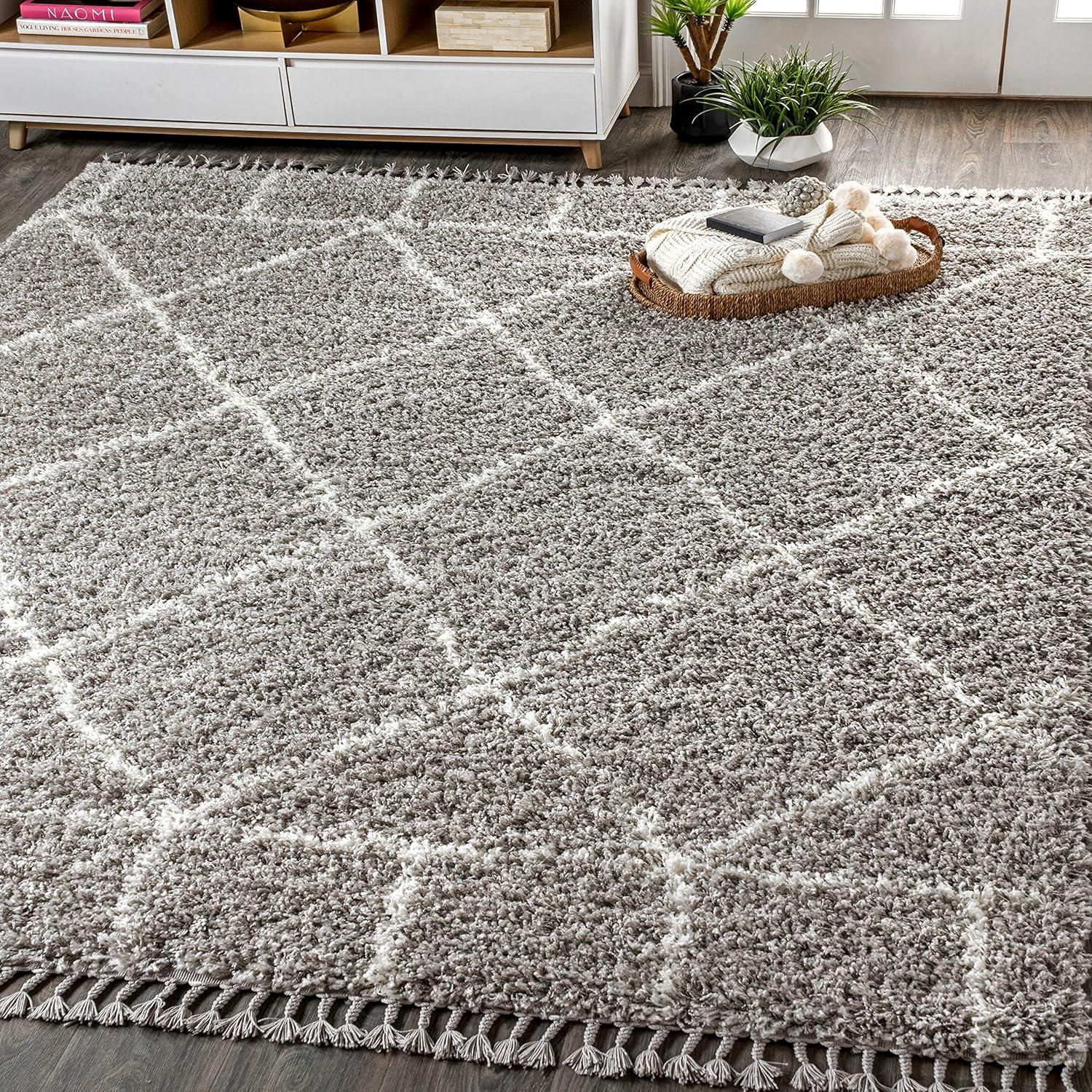 4'x6' Mercer Shag Plush Tassel Moroccan Geometric Trellis Area Rug, Grey/Cream - JONATHAN Y