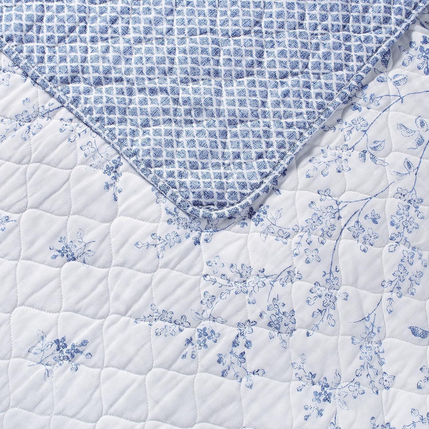 Flora Blue Cotton Reversible King Quilt Set