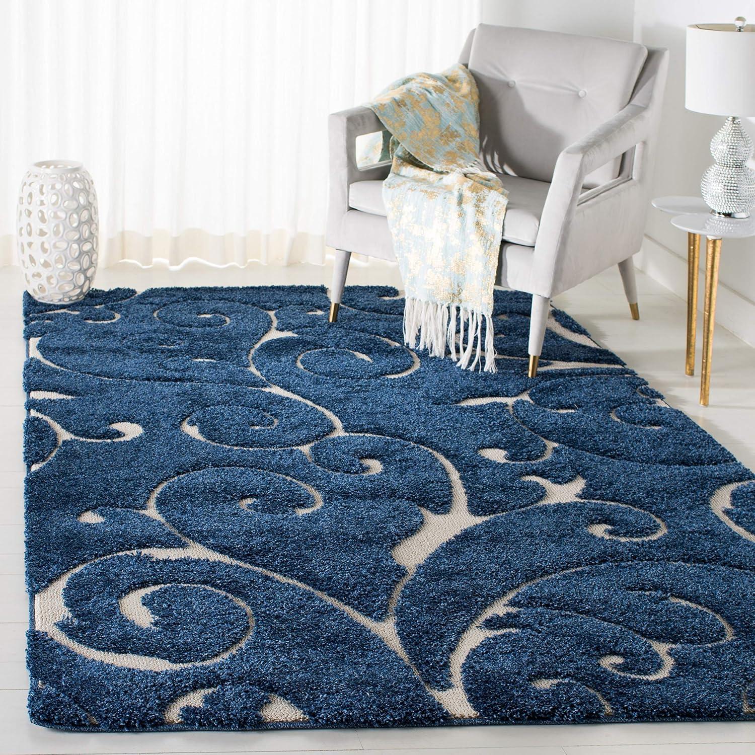 Elegant Dark Blue and Cream Square Synthetic Shag Rug 4' x 4'