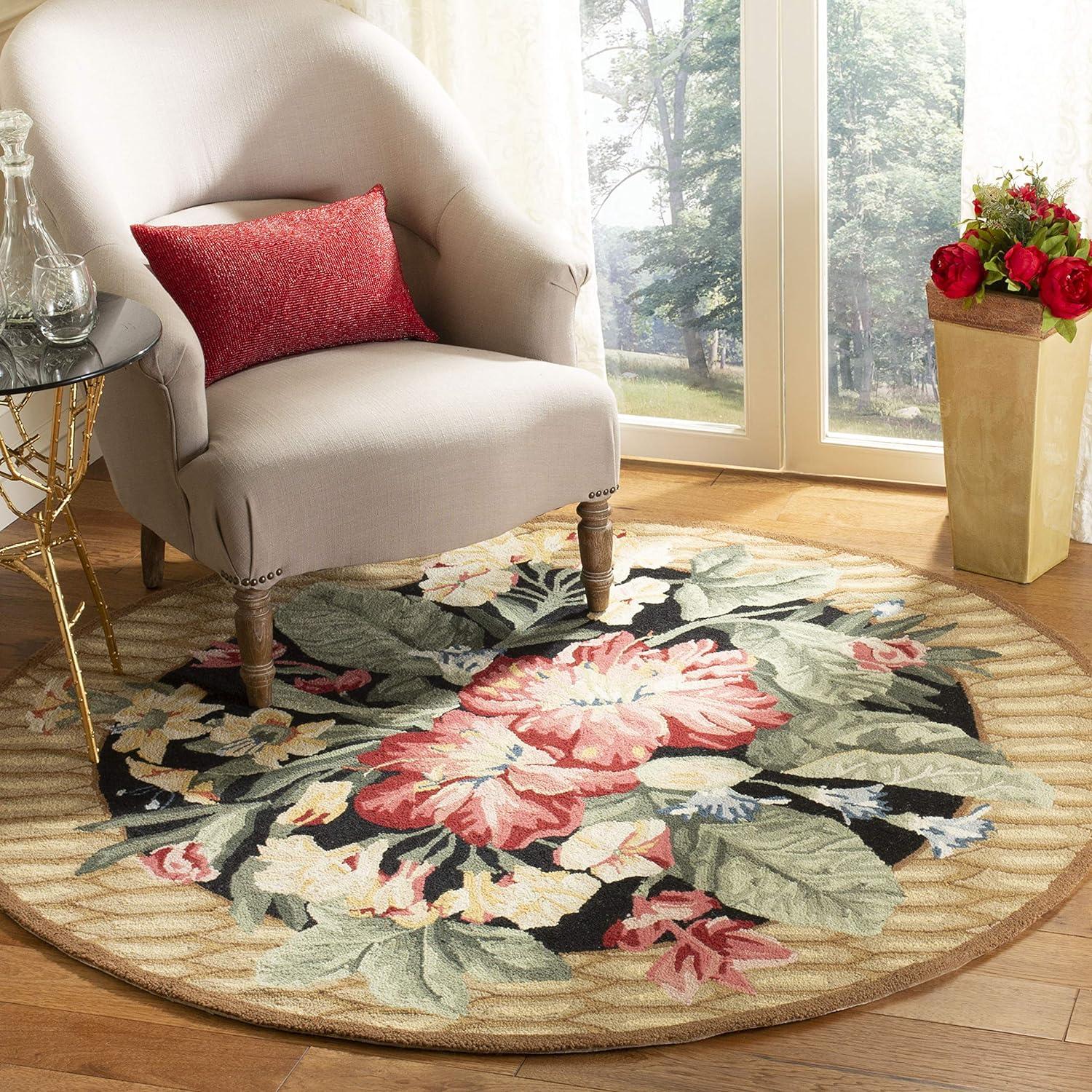 Handmade Round Black Floral Wool Area Rug