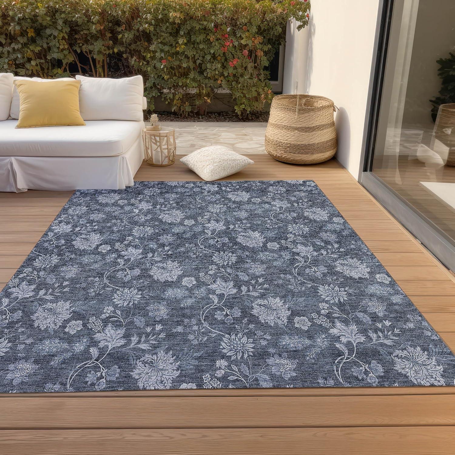 Blue Floral Synthetic Rectangular 8' x 10' Washable Rug