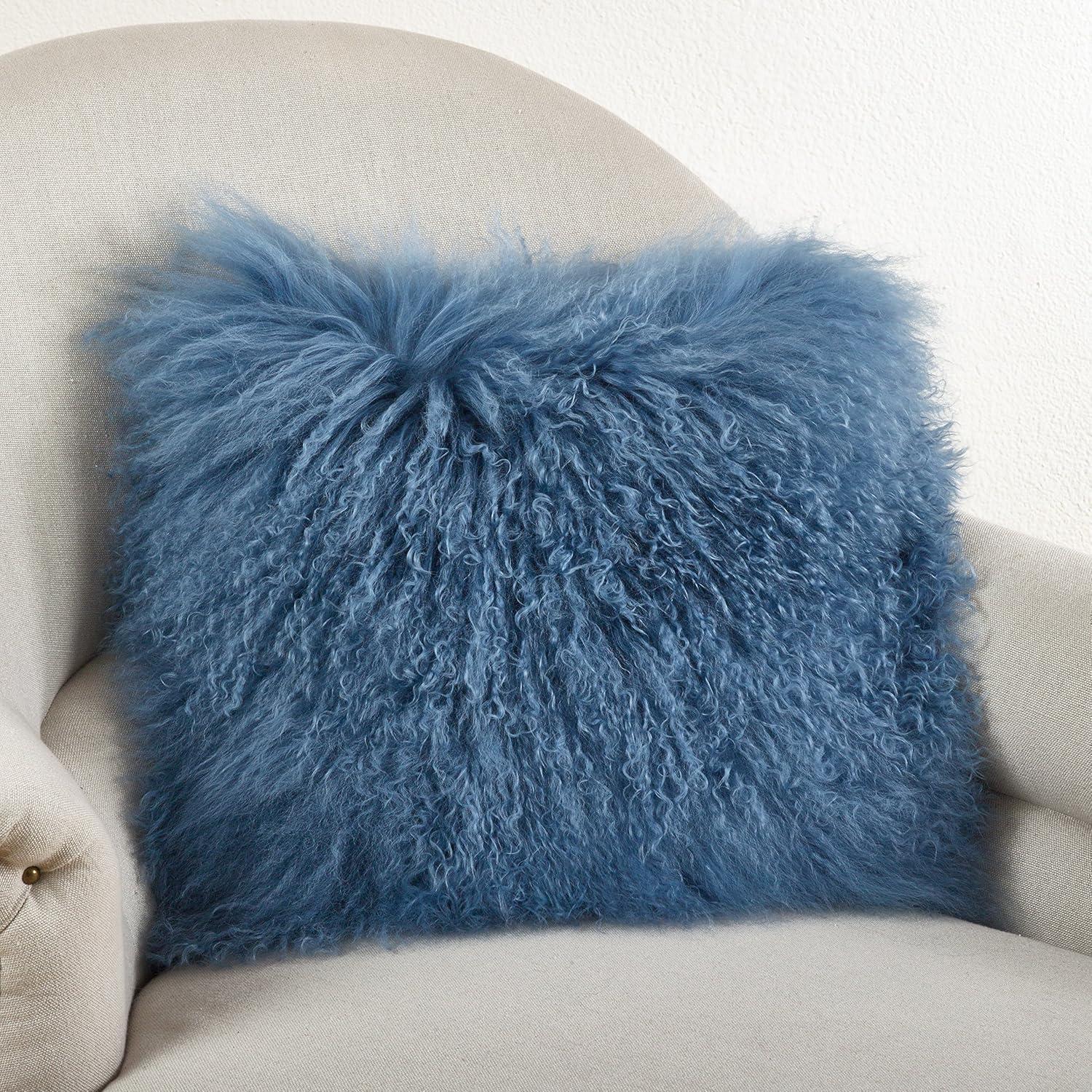 Blue-Grey 20" Square Wool Mongolian Lamb Fur Throw Pillow