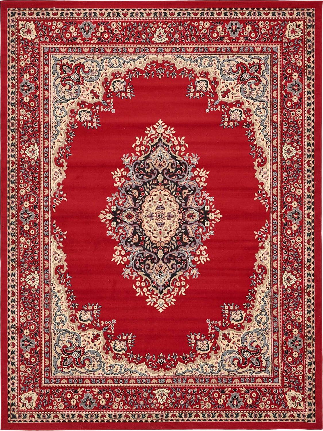 Elegant Medallion 9' x 12' Synthetic Area Rug in Red, Black, and Cream