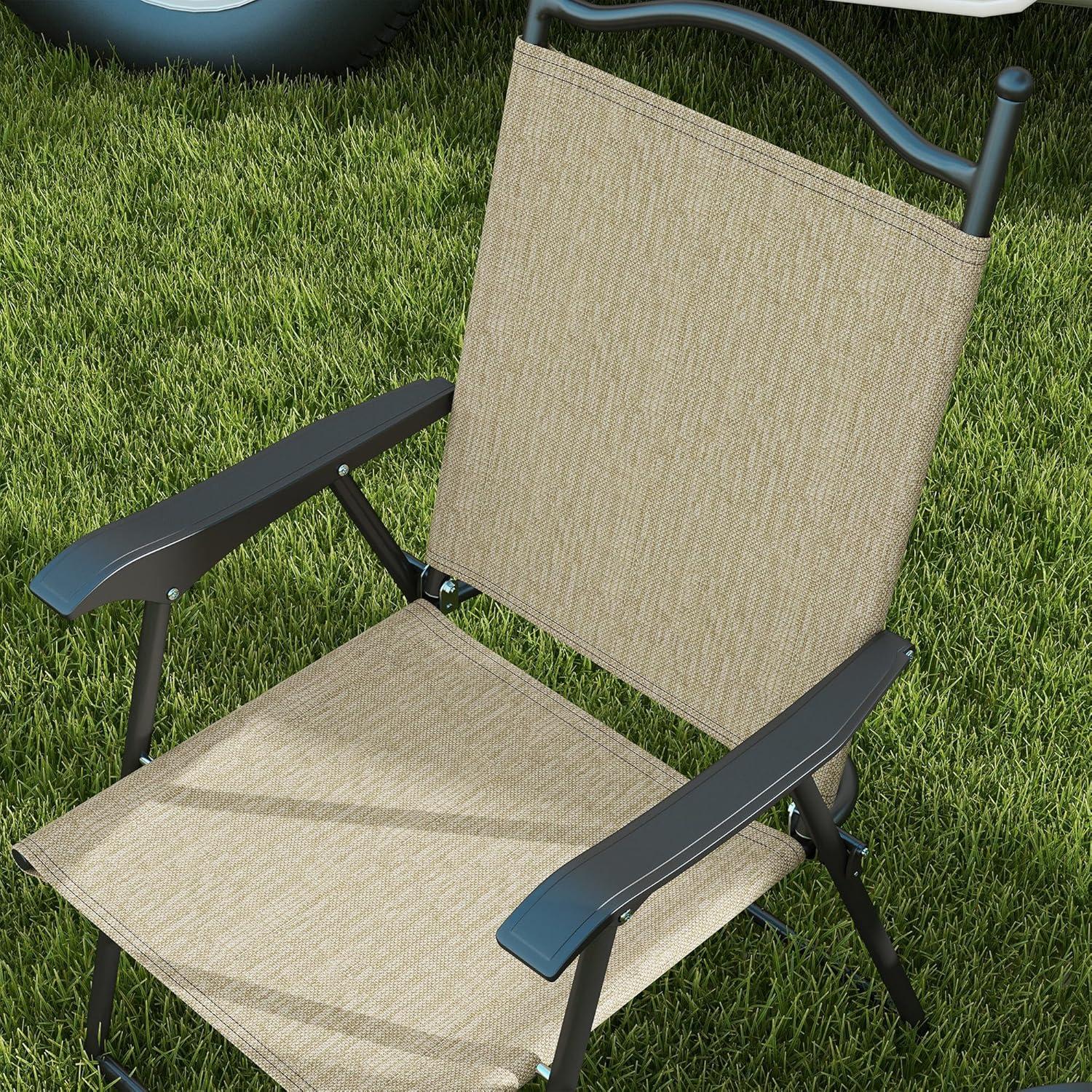 Beige Mesh Fabric Folding Camping Chairs with Armrests, Set of 4