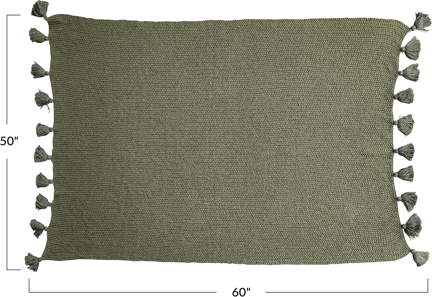 Olive Green Cotton Knit Throw Blanket with Tassels