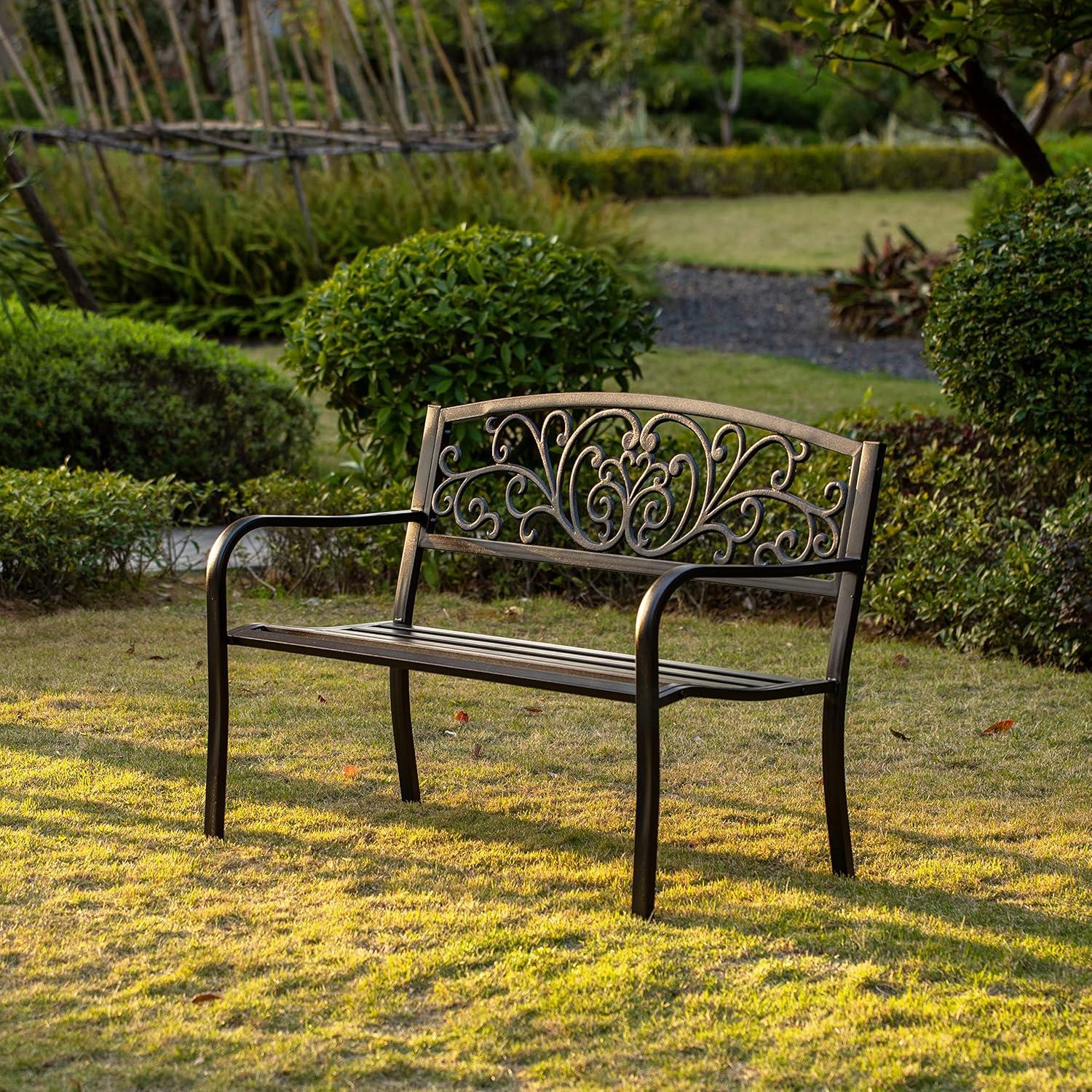 Gardenised Black Patio Garden Park Yard 50" Outdoor Steel Bench Powder Coated with Cast Iron Back