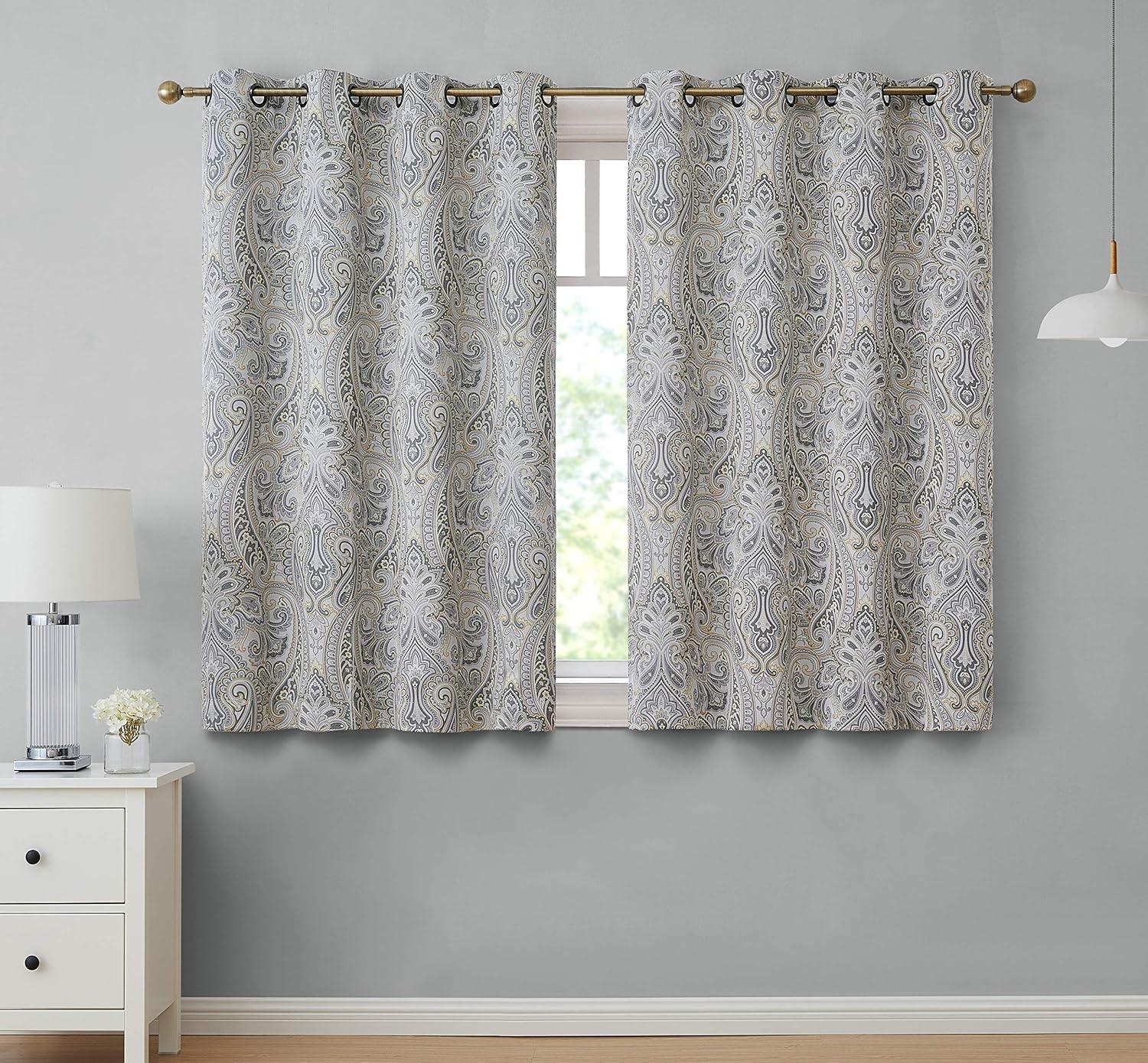 HLC.ME Paris Paisley Decorative Print Damask Pattern Light Reducing Grommet Window Curtain Panels for Bedroom, Set of 2 - Grey, 50 W x 63 L