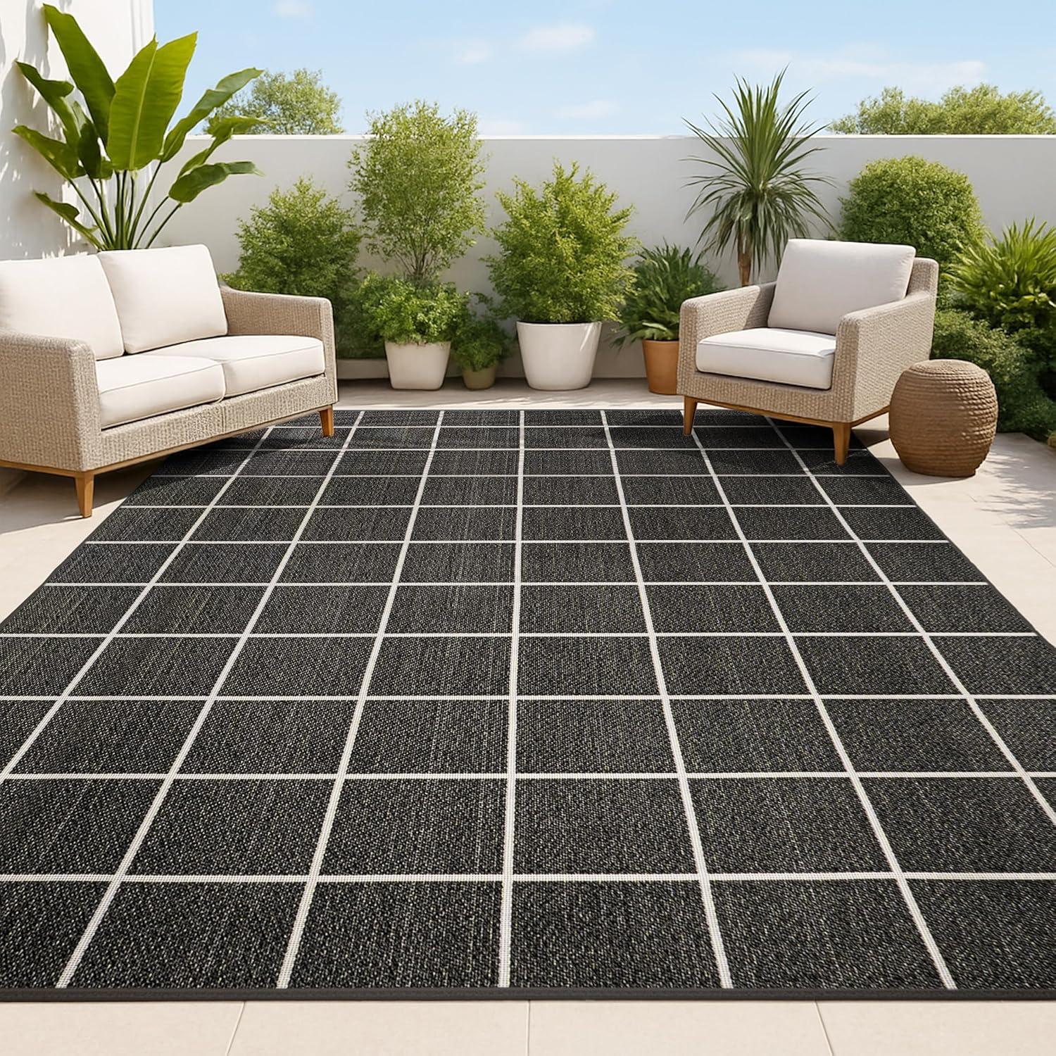 5' x 8' Grid Modern Squares Indoor/Outdoor Area Rug, Black/Cream - JONATHAN Y