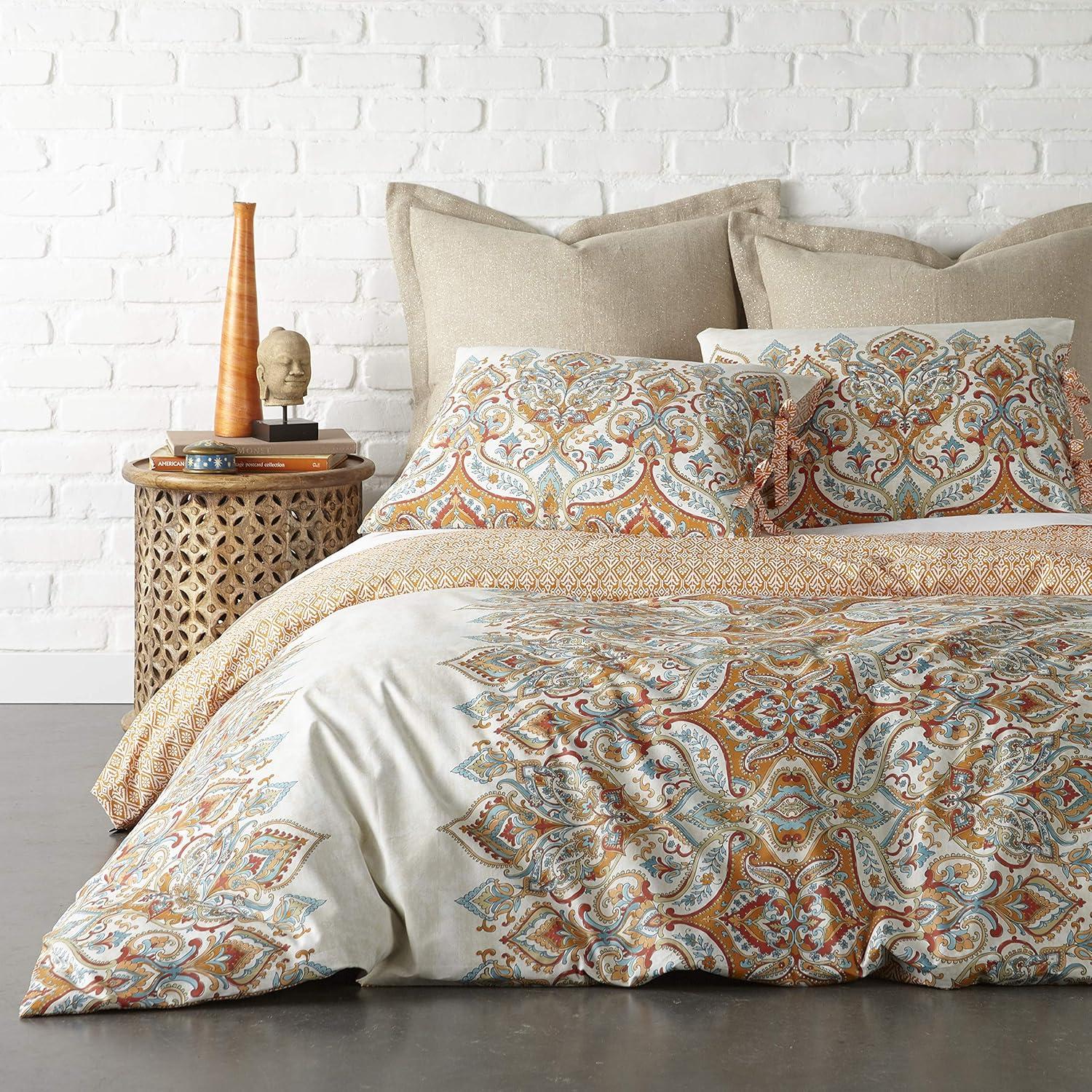 King California King Orange Teal Cotton Ikat Duvet Cover Set