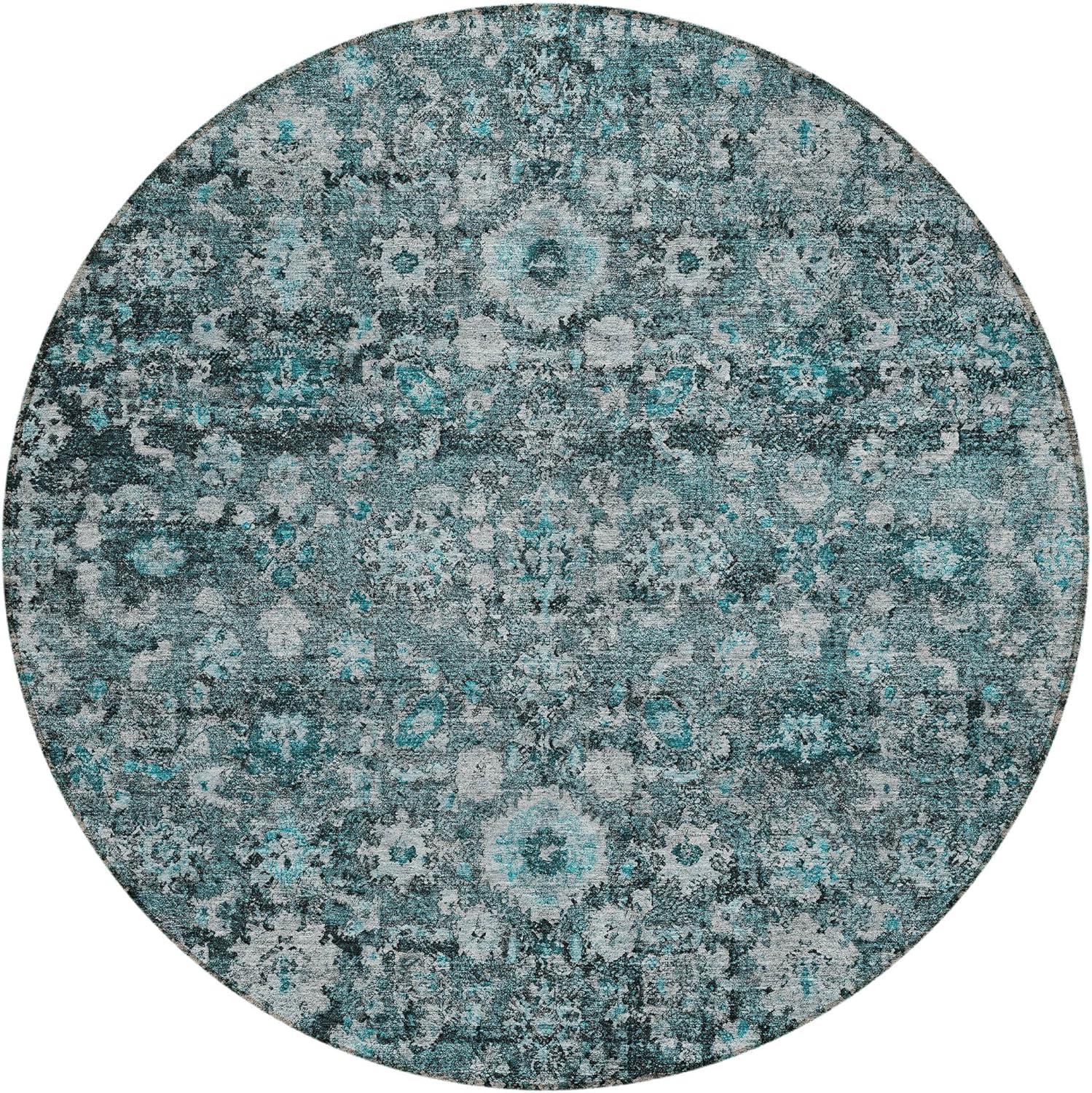 Teal and Gray Round Machine-Washable Synthetic Rug