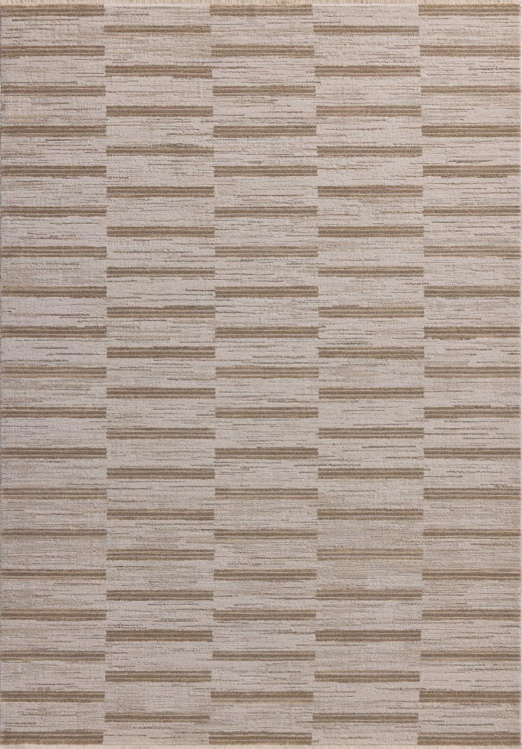 Ivory and Tobacco Geometric Wool Runner Rug with Fringe