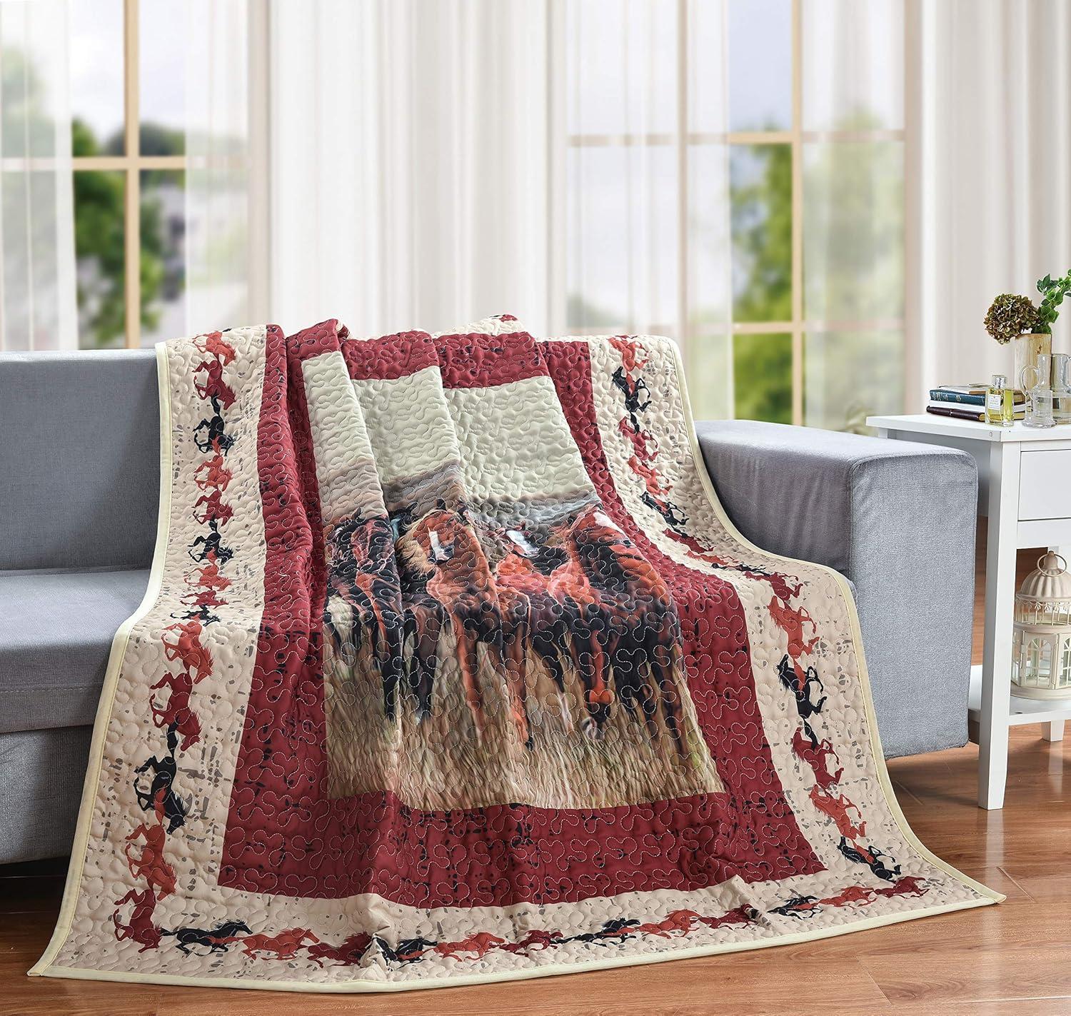 BestGiftEver Quilt Throw Blanket with Unique Running Wild Horses Print Design - Rustic Lodge Ranch Cabin Forest Hunting Bedding 50" x 60" - Western Style Lightweight CoverCouch Accent