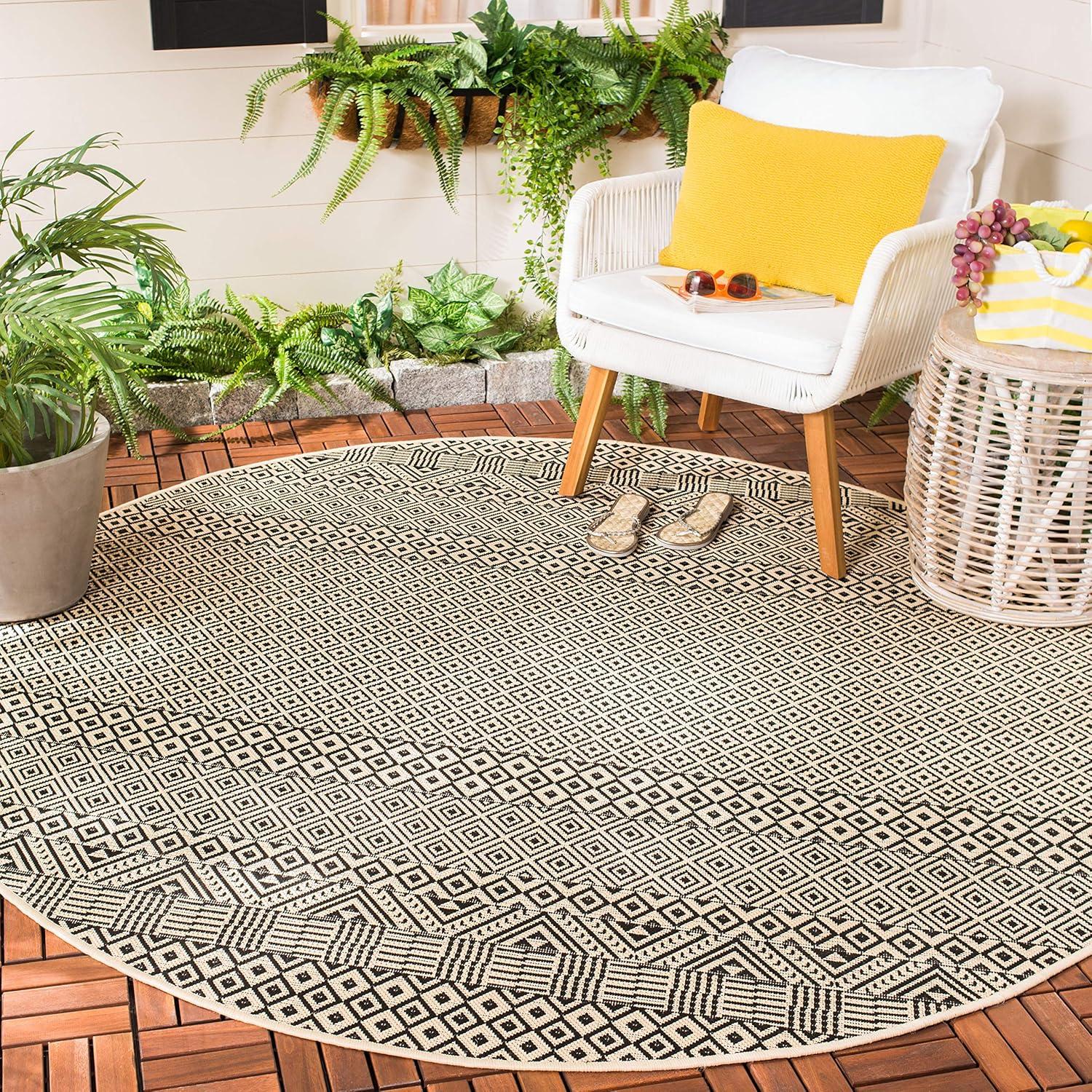 Courtyard CY6235 Power Loomed Indoor and Outdoor Area Rug - Beige/Black - 4' Round - Safavieh