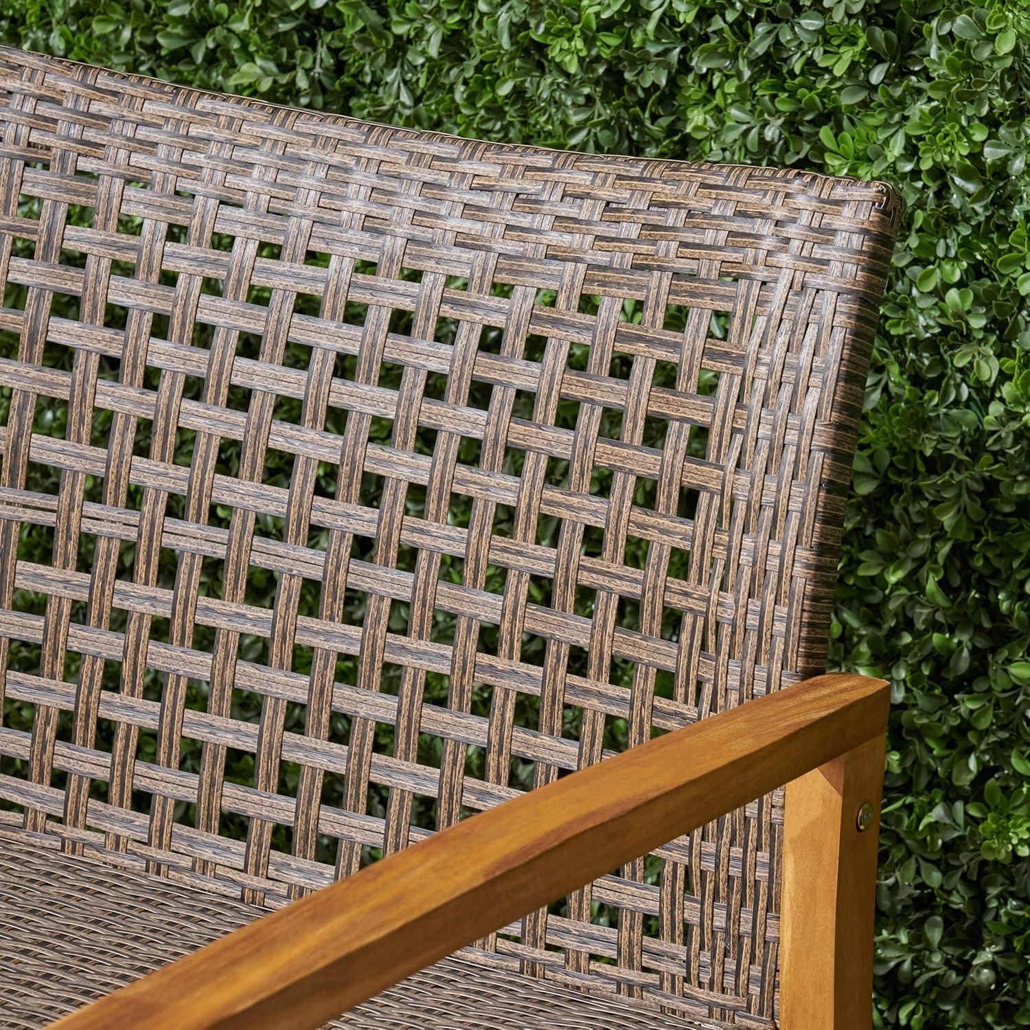 GDFStudio Jean Outdoor Acacia Wood and Wicker Loveseat, Brown/Gray