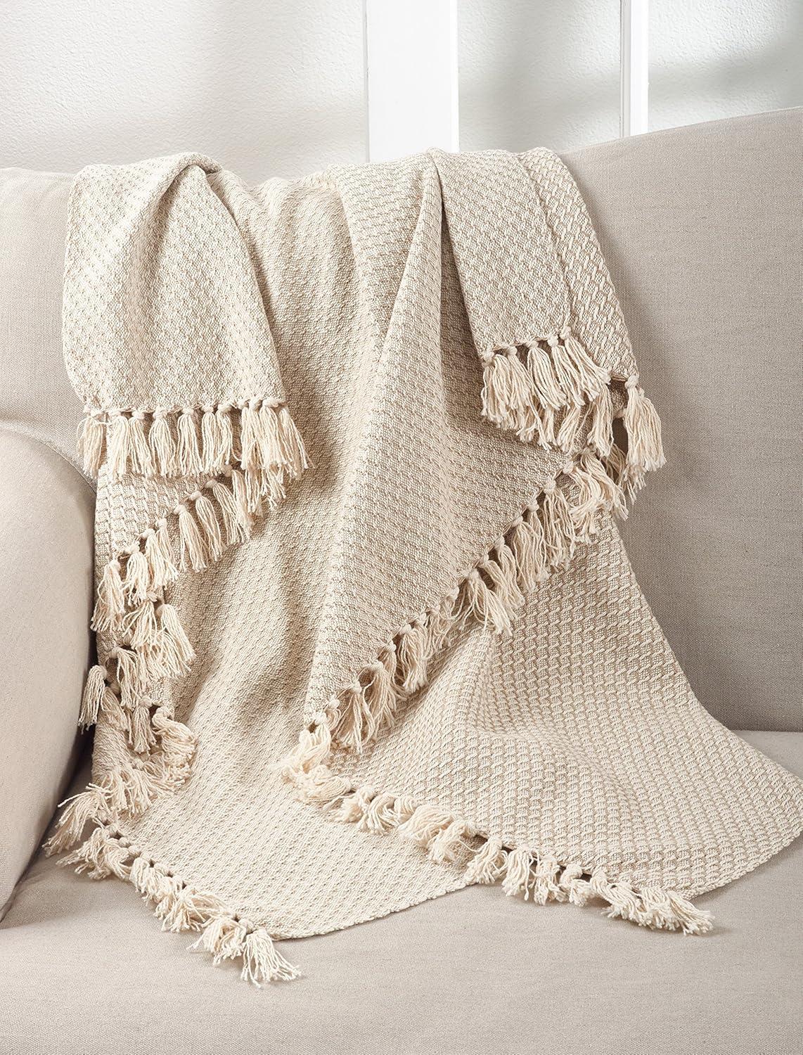 50"x60" Classic Tassel Trim Throw Blanket Beige - Saro Lifestyle: Cotton, Mid-Century Modern, Machine Washable