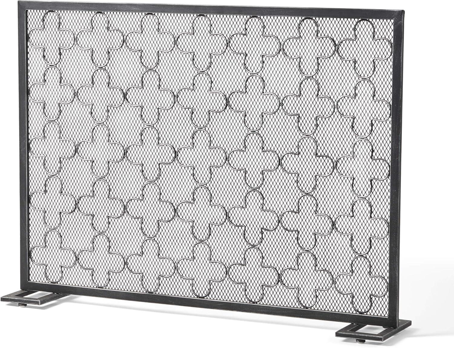 GDF Studio Pepperwood Modern Single Panel Iron Fireplace Screen, Black Brushed Silver