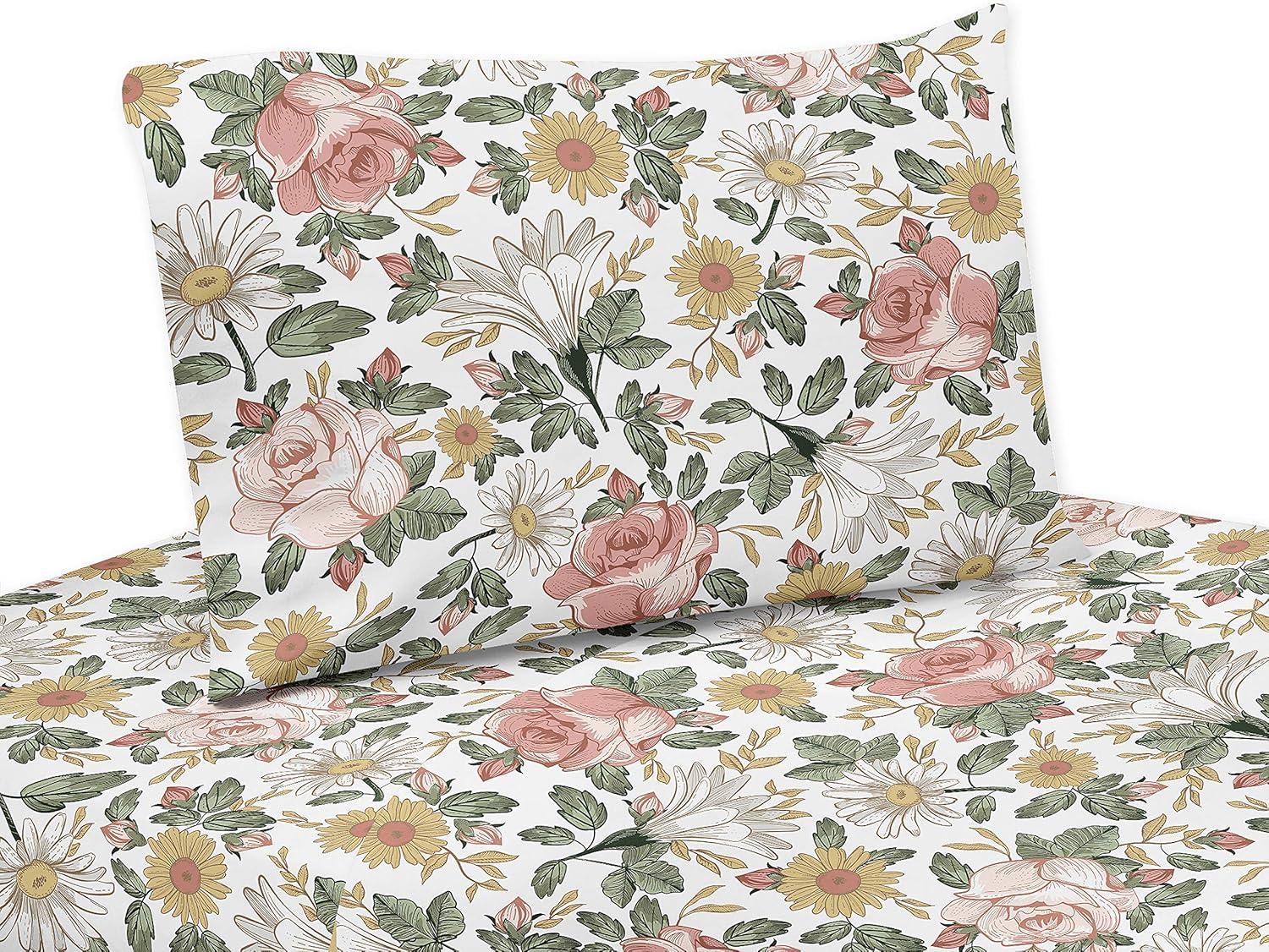 Sweet Jojo Designs Queen Sheet Set Vintage Floral Pink Green and Yellow 4pc