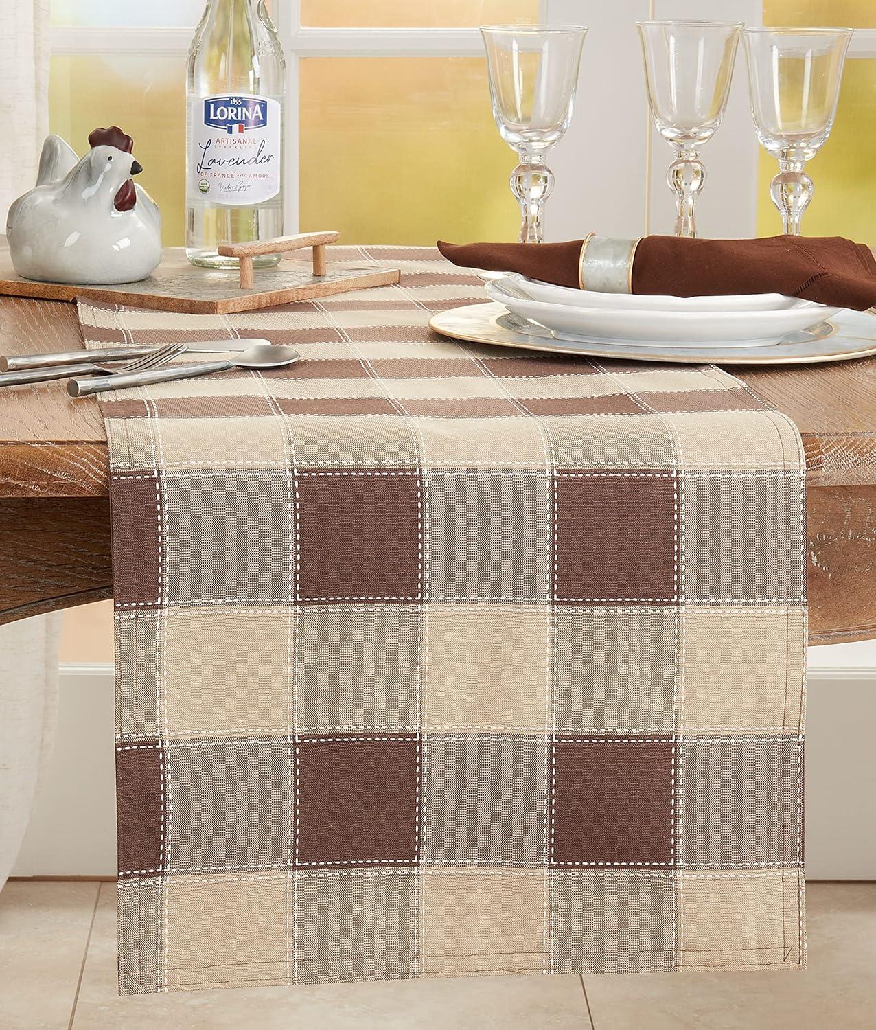 Saro Lifestyle Stitched Plaid Design Cotton And Poly Blend Table Runner