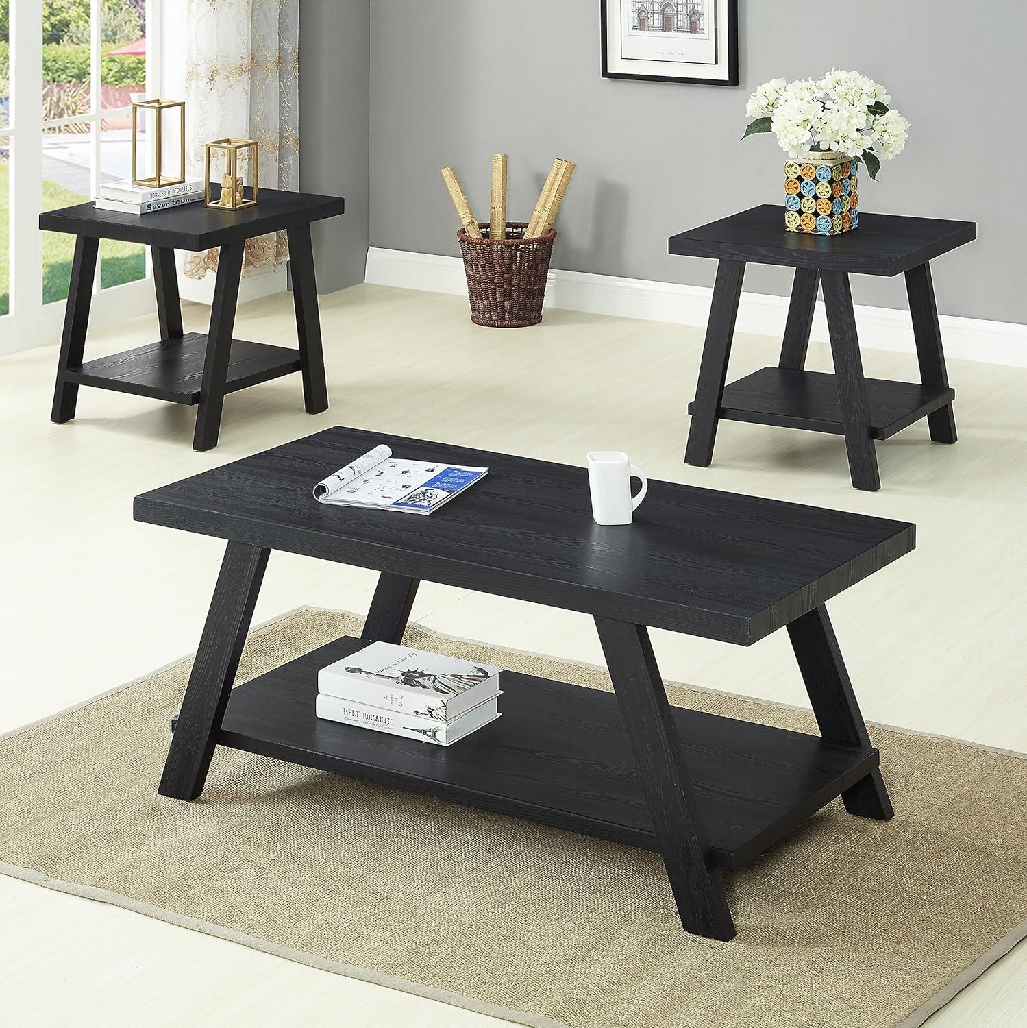 Roundhill Furniture Athens Contemporary Replicated Wood Shelf Coffee Set Table in Black Finish