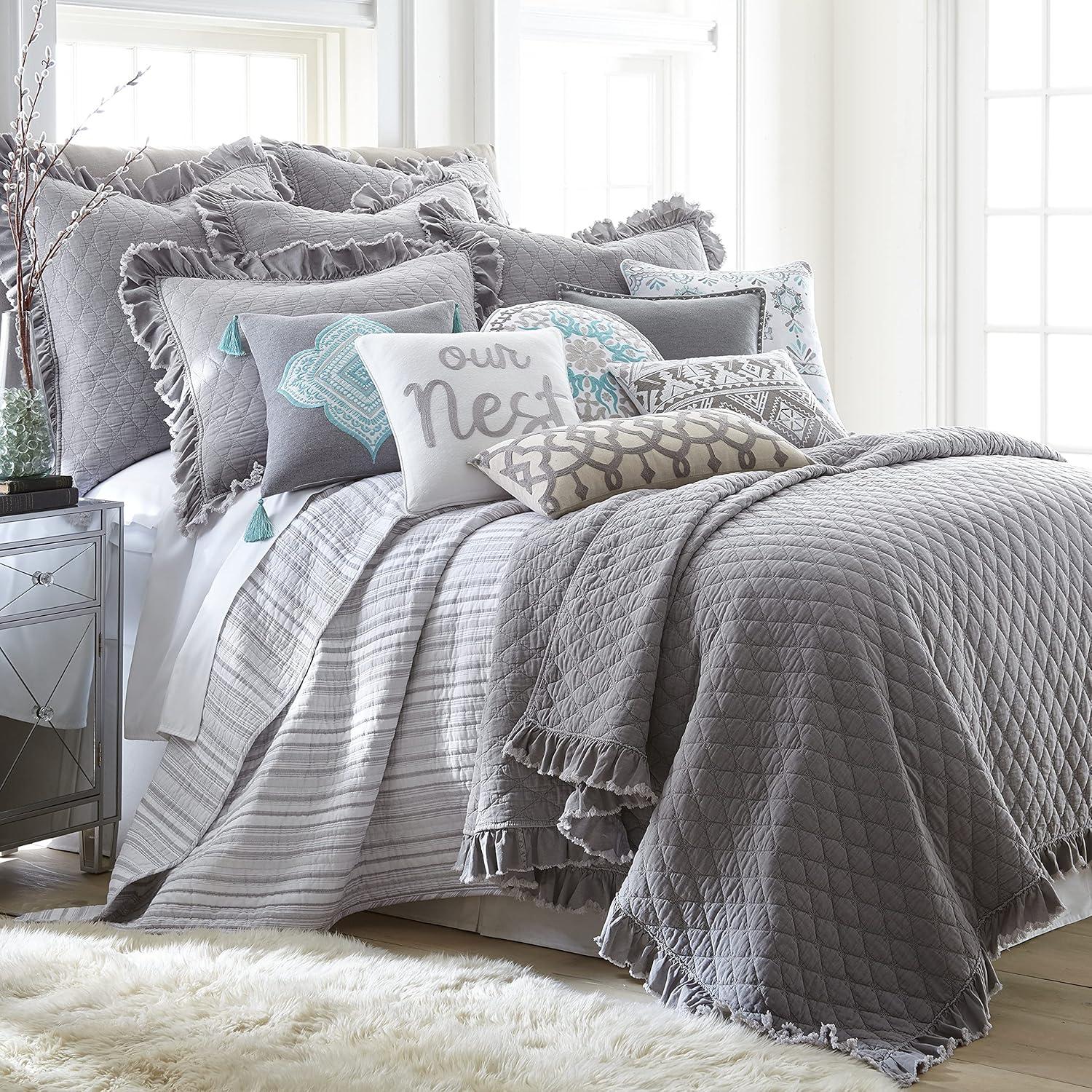 Levtex Home - Grey Stonewash Quilt Set - King/Cal King Quilt + One King Pillow Sham - Grey with Frayed Ruffle - Quilt Size (106x92in.) and Pillow Sham Size (36x20in. ) - Reversible - Microfiber