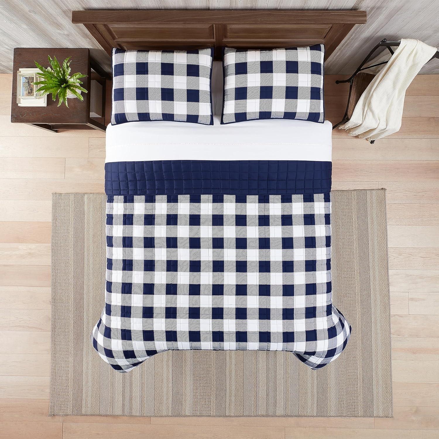 2pc Twin/Twin Extra Long Alex Buffalo Check Plaid Printed Quilt Set Navy/White - Serta: All Ages Comfort, Machine Washable