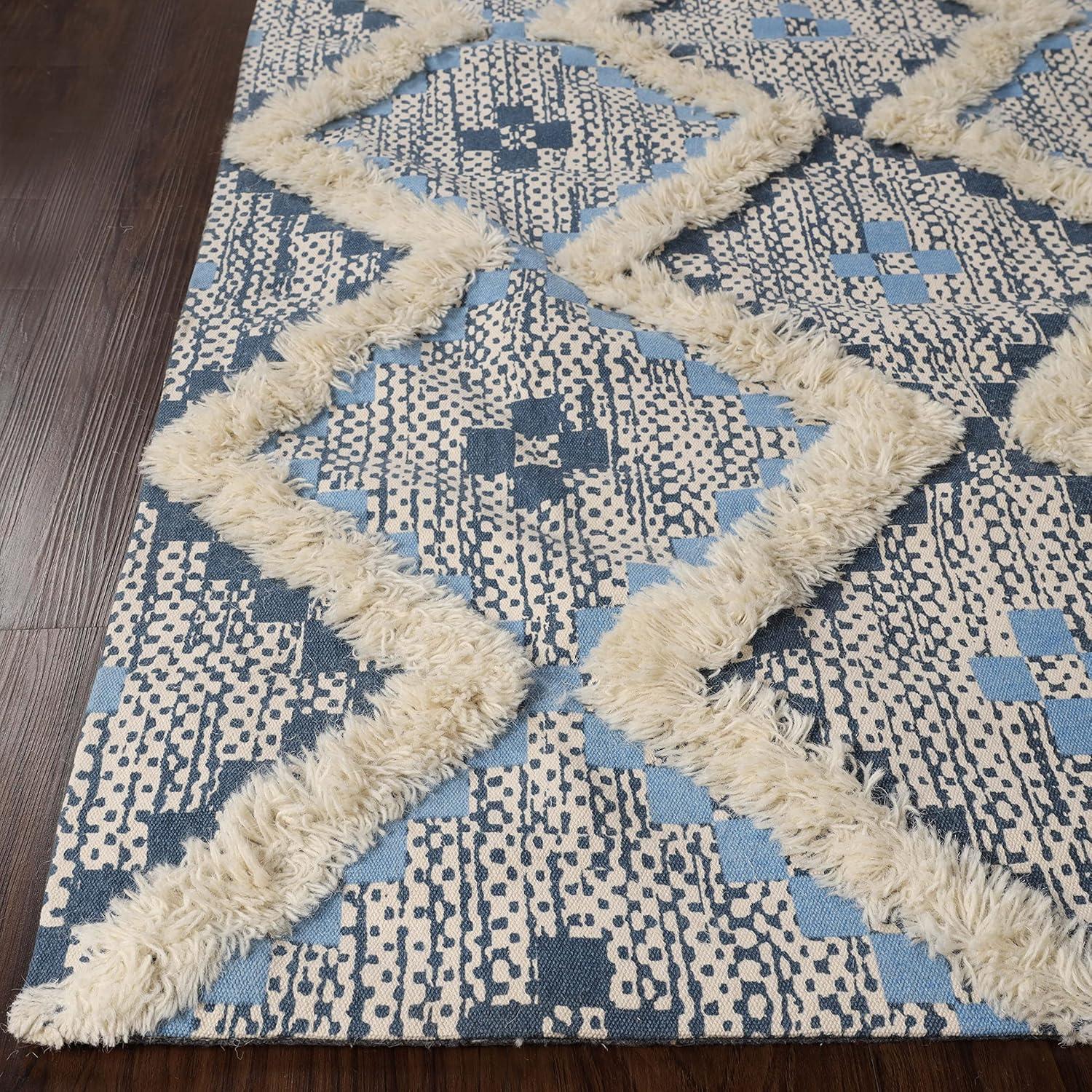 Superior Evren Hand-Tufted Cotton/Wool Textured Geometric Stone Blue/Midnight Blue Farmhouse Area Rug, 2' x 4'