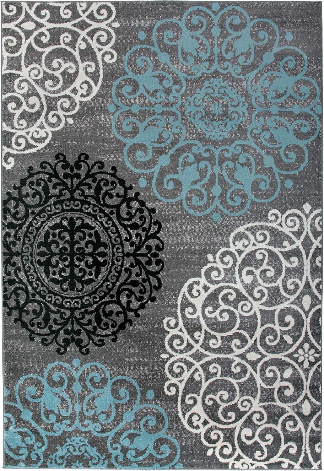 Gray and Blue Floral Synthetic Low Pile Area Rug