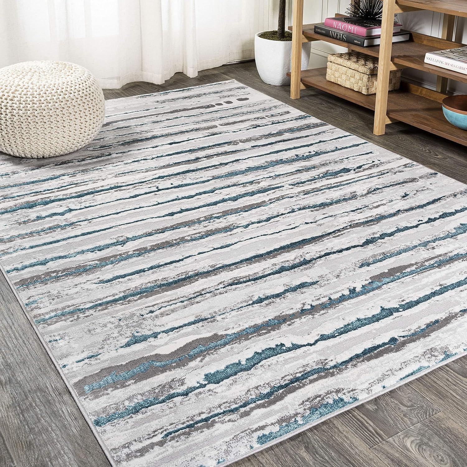 4'x6' Batten Modern Stripe Area Rug, Gray/Turquoise - JONATHAN Y